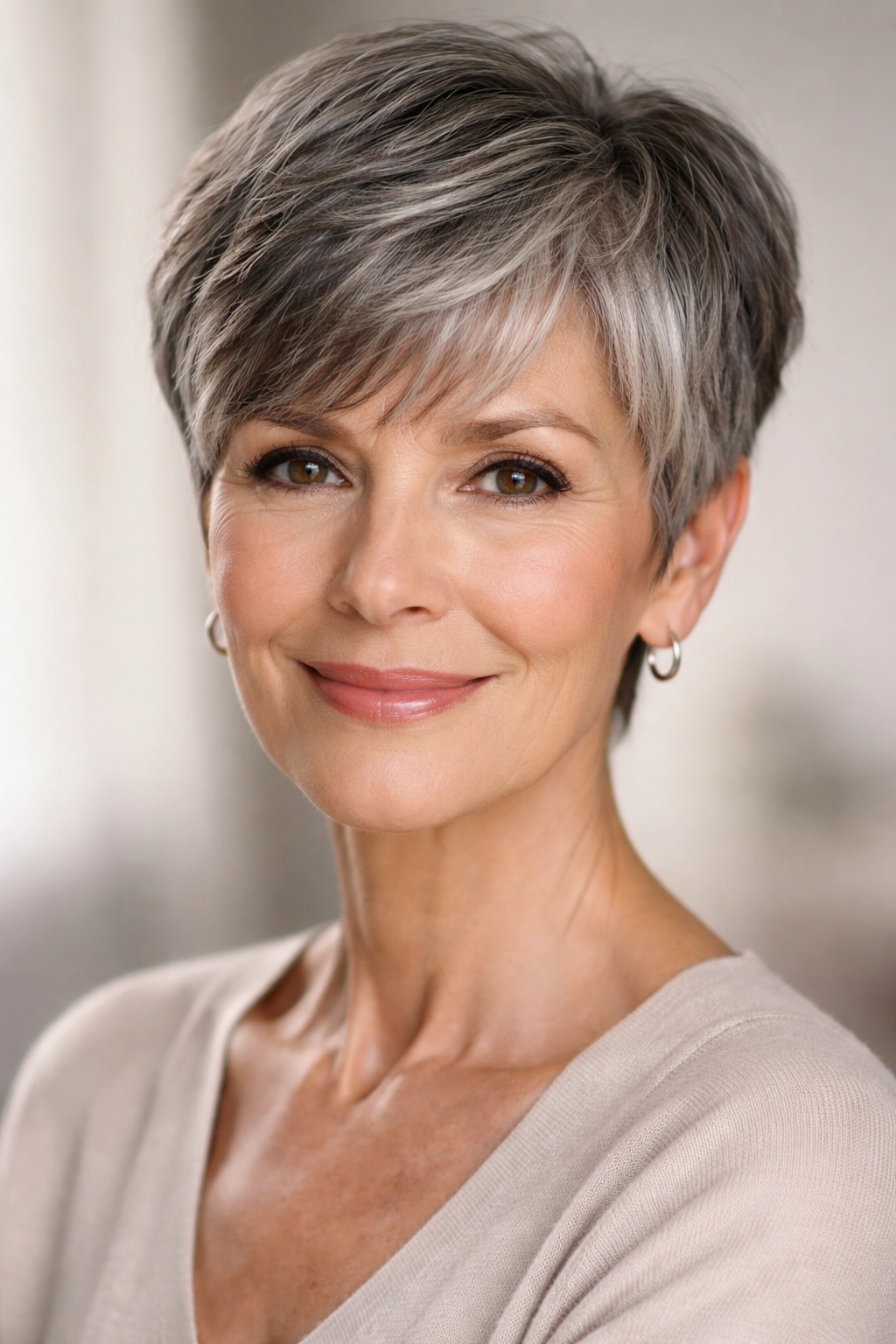 Salt-and-pepper pixie cut on a mature woman with feathered bangs