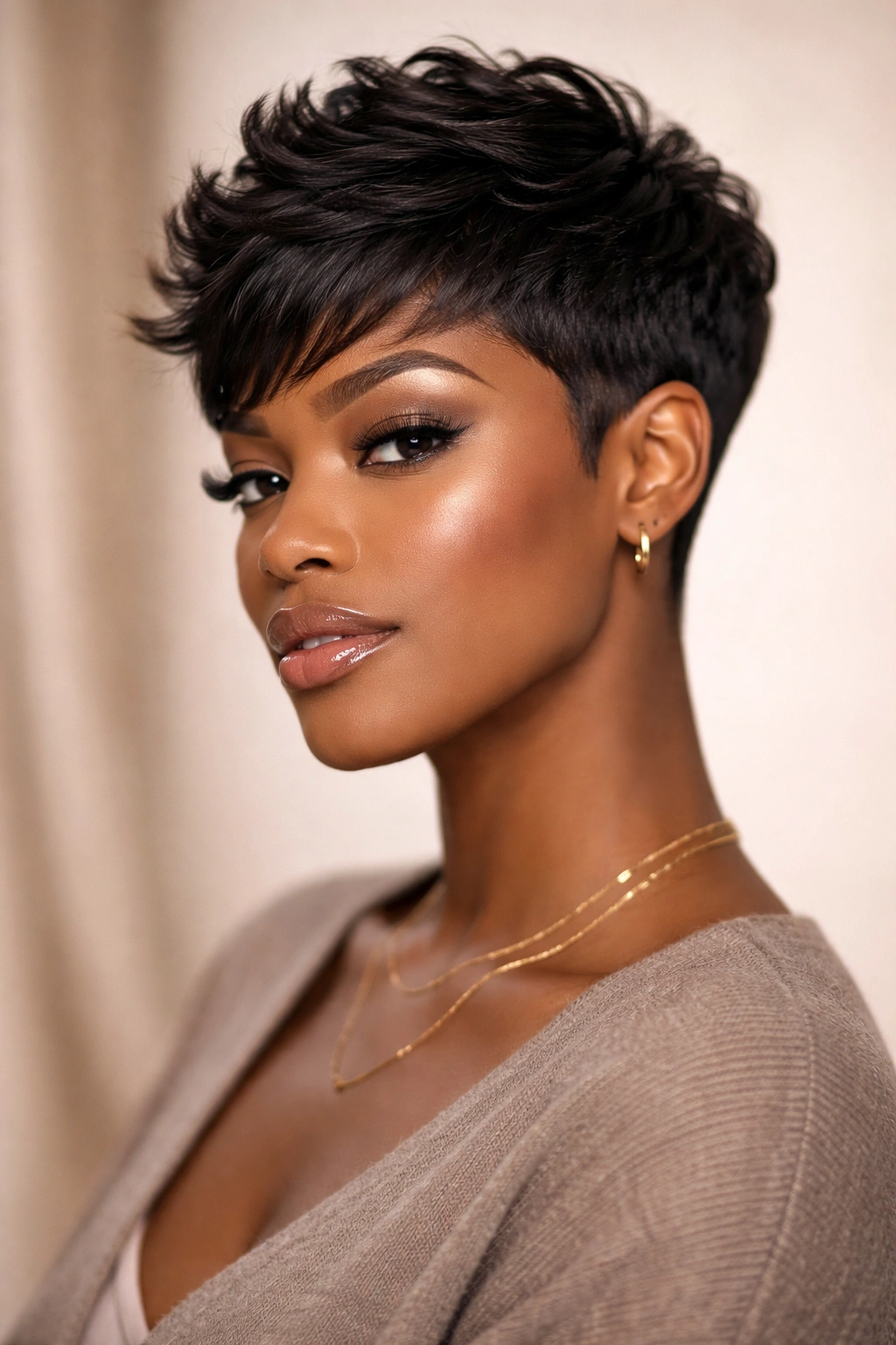 Close-up portrait of a Black woman with a pixie sew-in featuring precise tapering and textured top