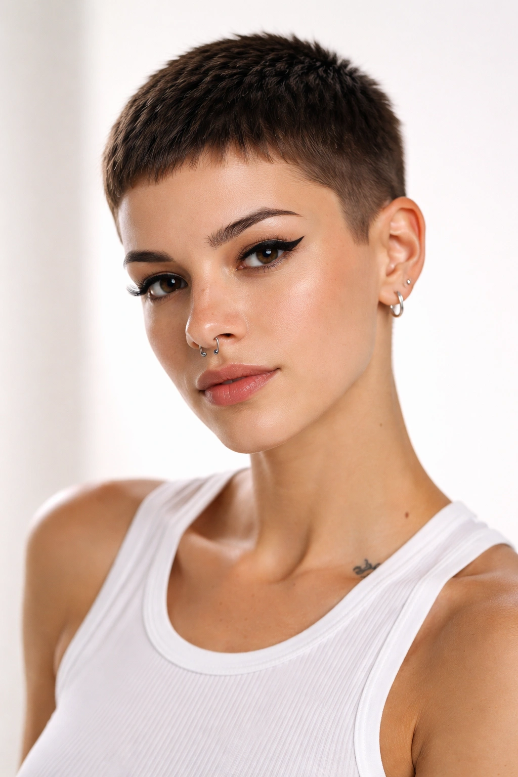 Portrait of a person with a clean pixie cut showing sculpted facial features.