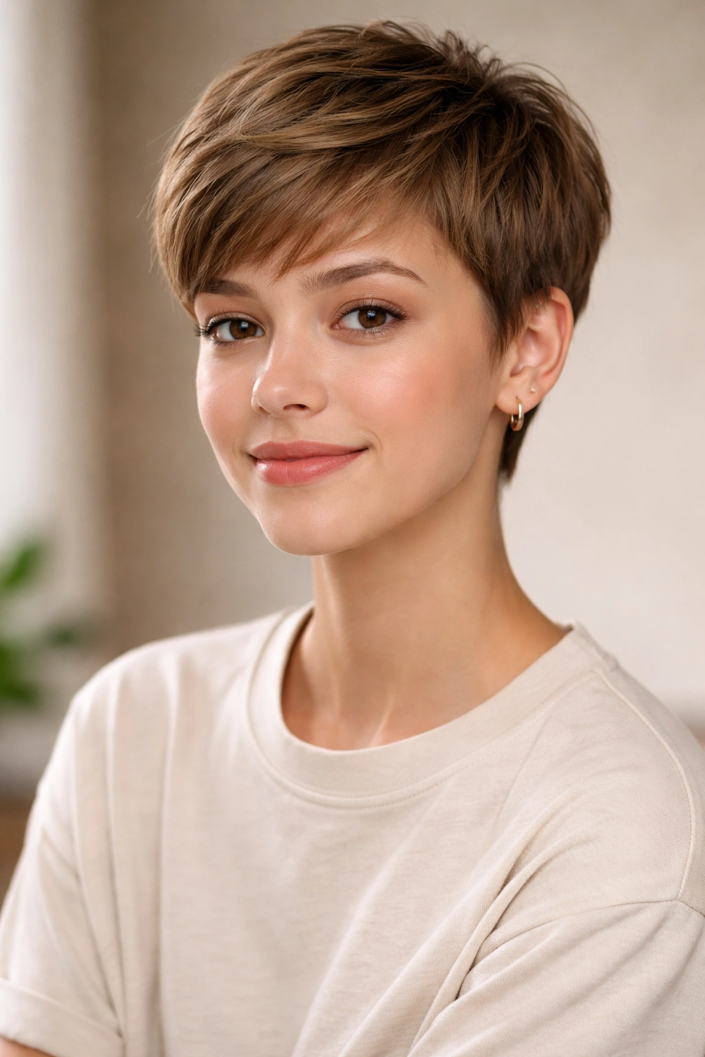 Close-up of a classic pixie cut hairstyle in neutral studio lighting