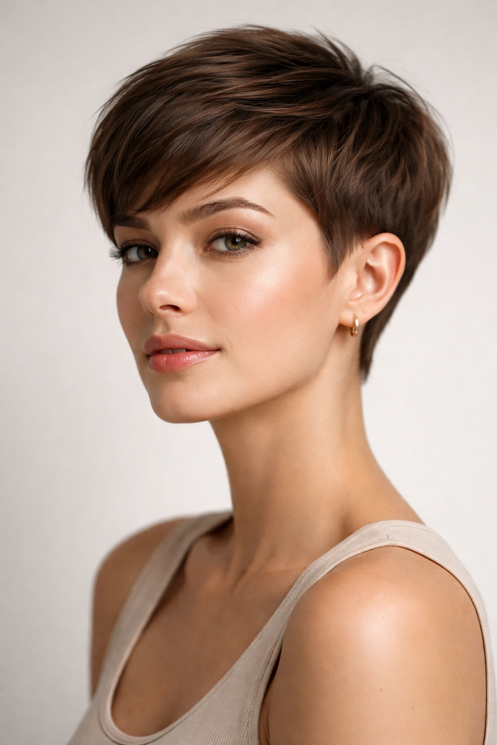 Close-up of a person with a sculpted pixie cut, emphasizing short sides and textured top