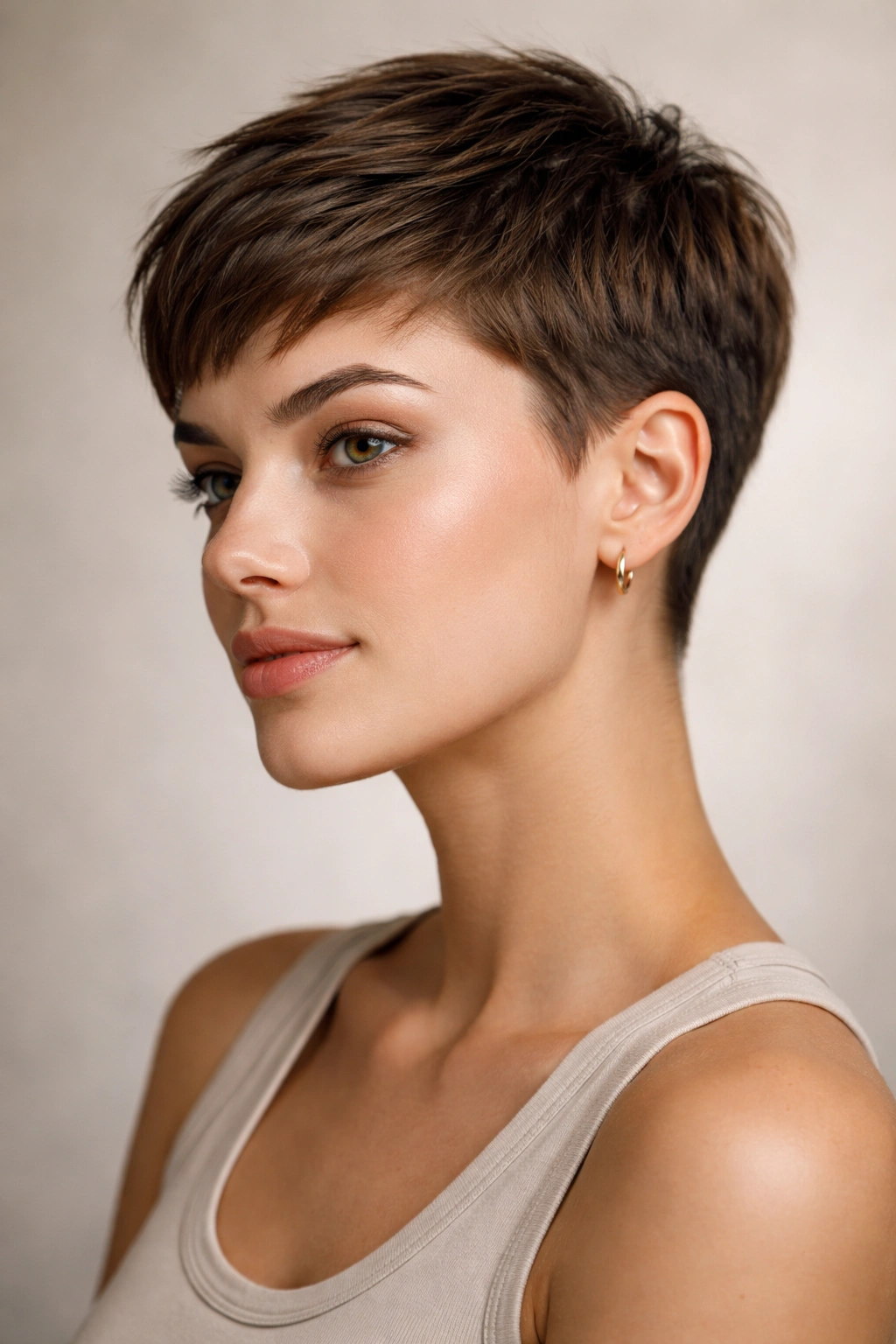 Close-up portrait of a person with a classic pixie cut, short top and faded sides