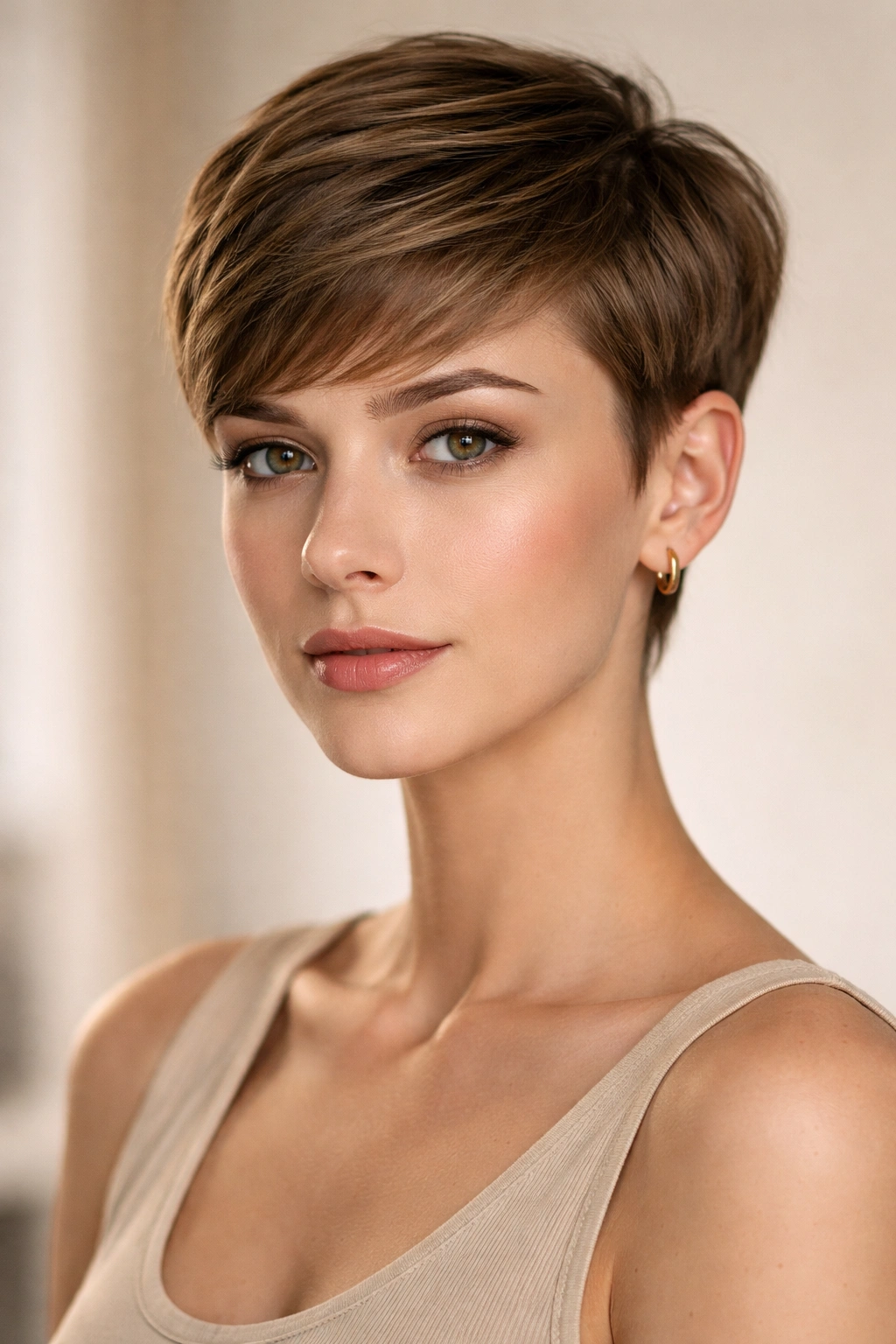 25 Short Haircuts Women Can T Stop Asking For 1 Portrait of a person with a classic pixie cut, short sides and longer top swept to the side.