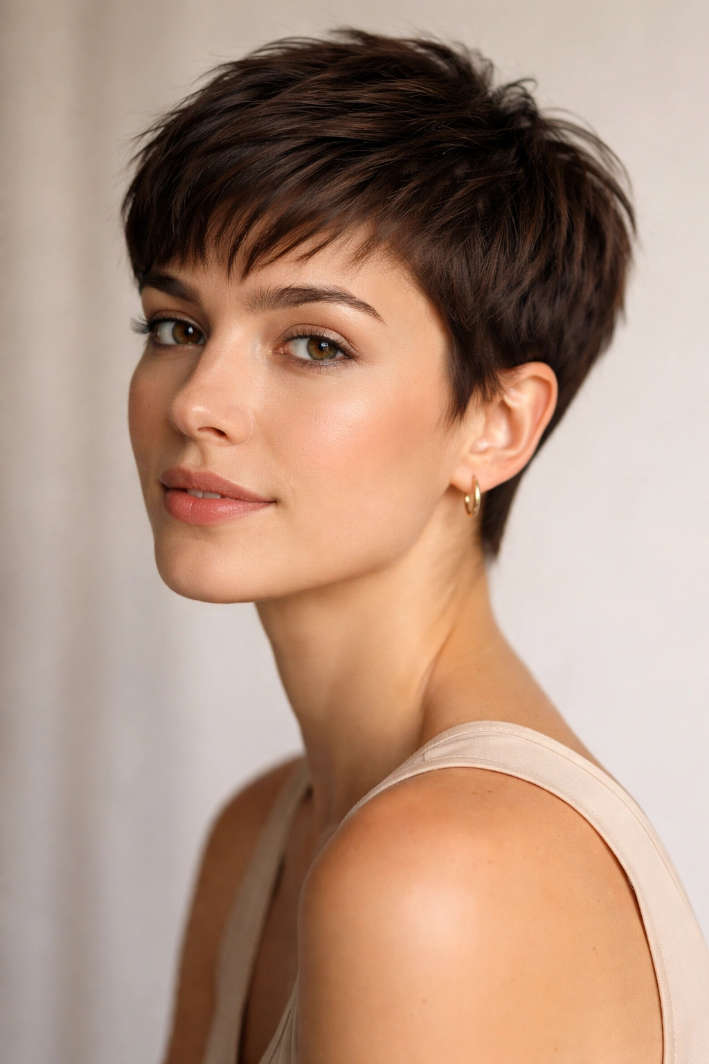 Close-up of a pixie cut with short sides and a textured top
