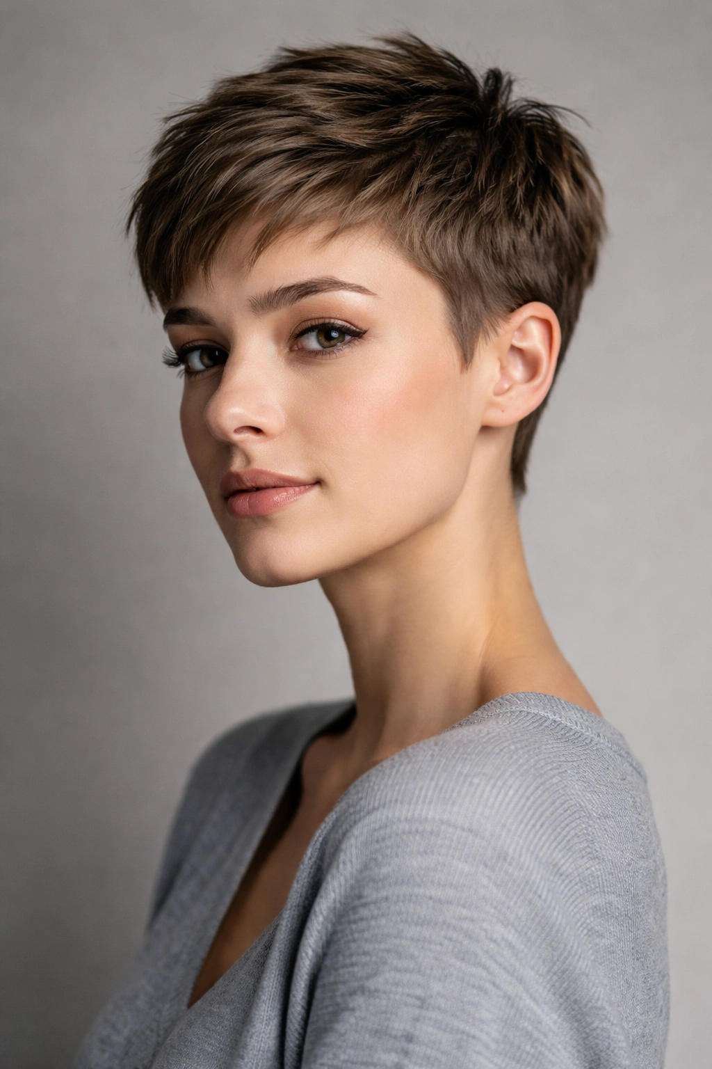 Portrait of a woman with a classic pixie cut featuring textured top and short sides