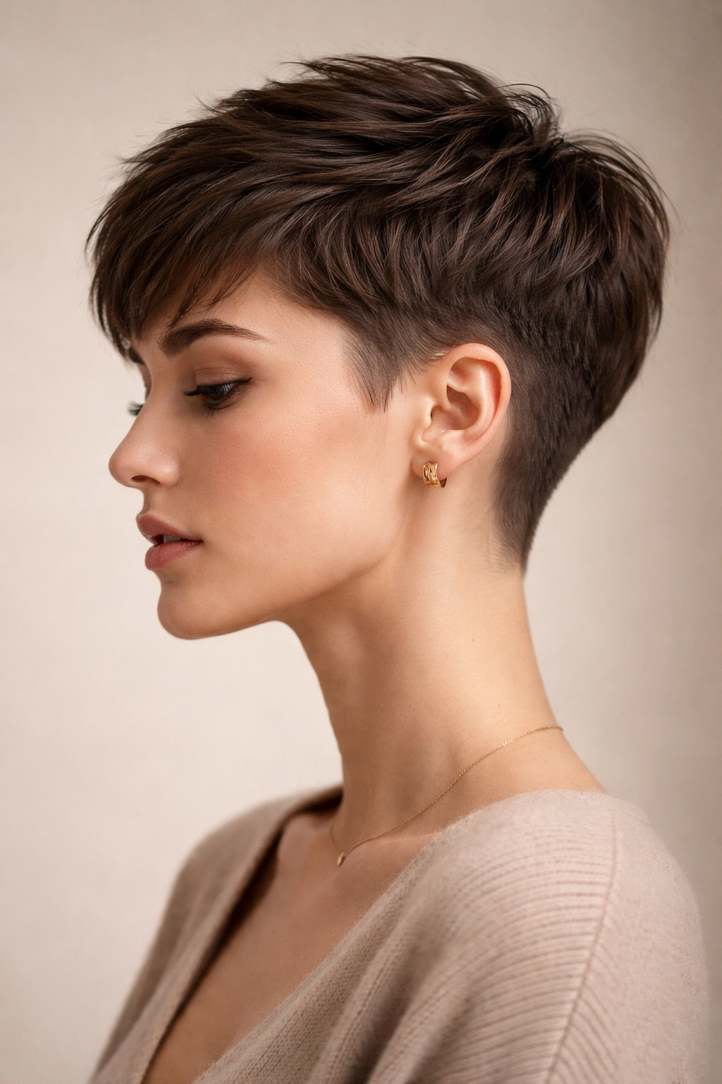Close-up profile of a classic pixie cut highlighting short sides and textured top