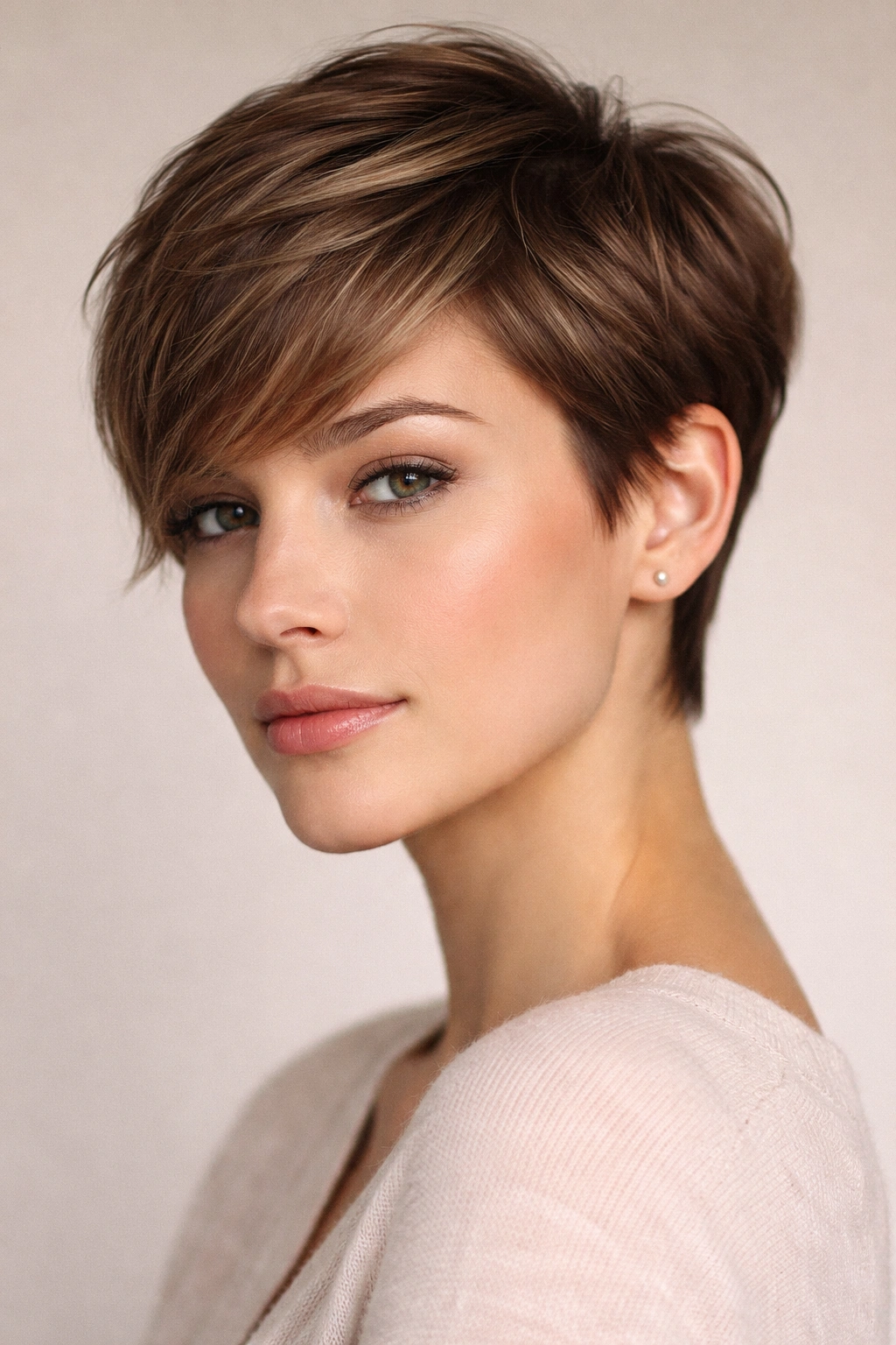 30 Short Haircuts Women Swear By And Rebook 1 Close-up of a classic pixie cut with short sides and longer front fringe framing the face