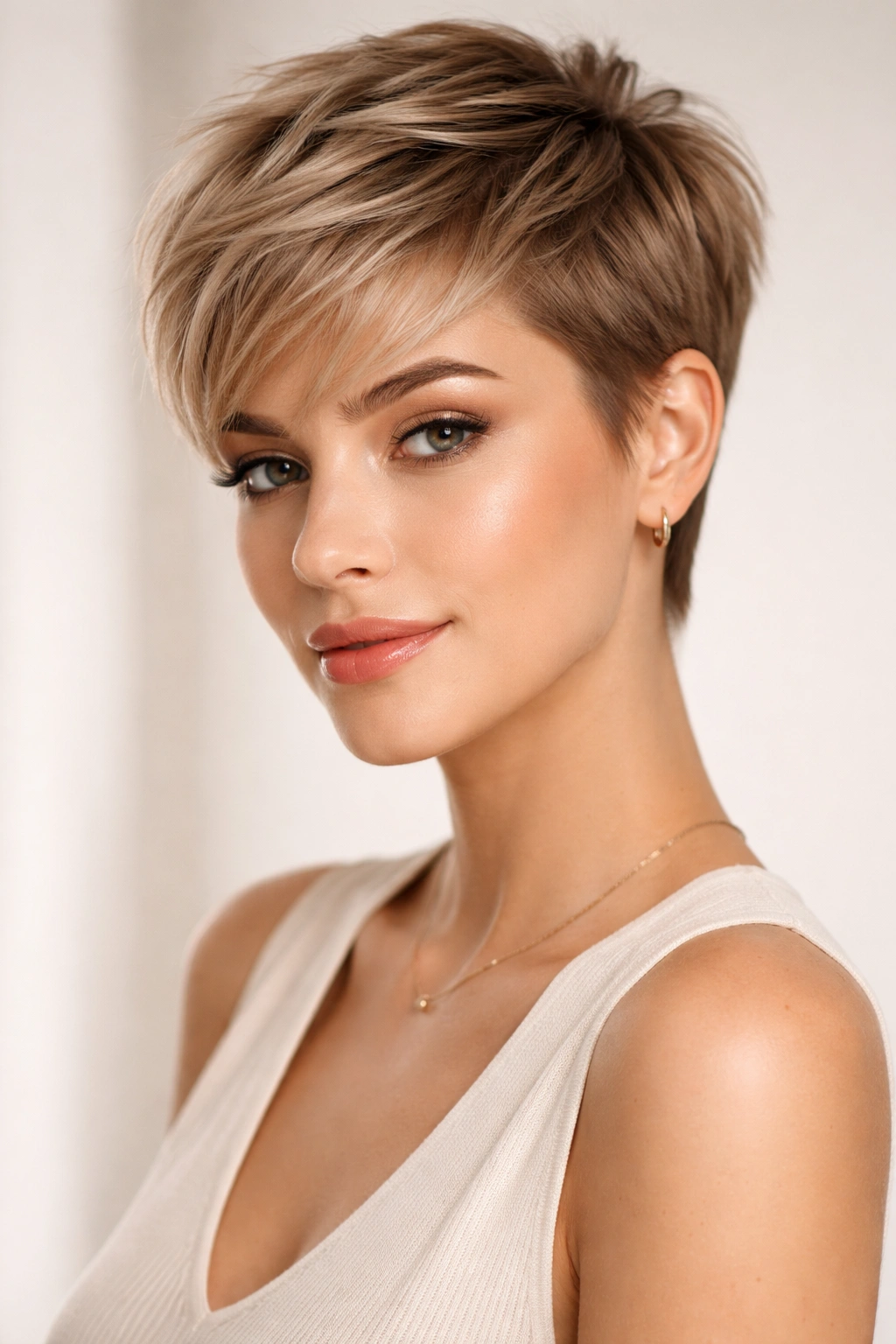 Close-up portrait of a modern pixie cut with angled edges