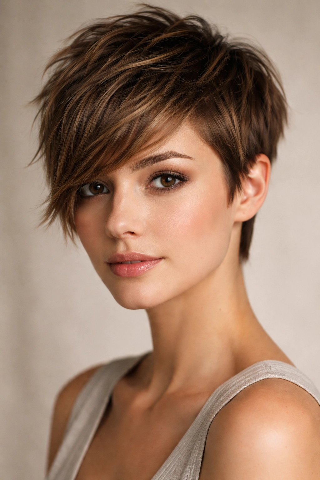 Close-up of textured pixie with side-swept bangs