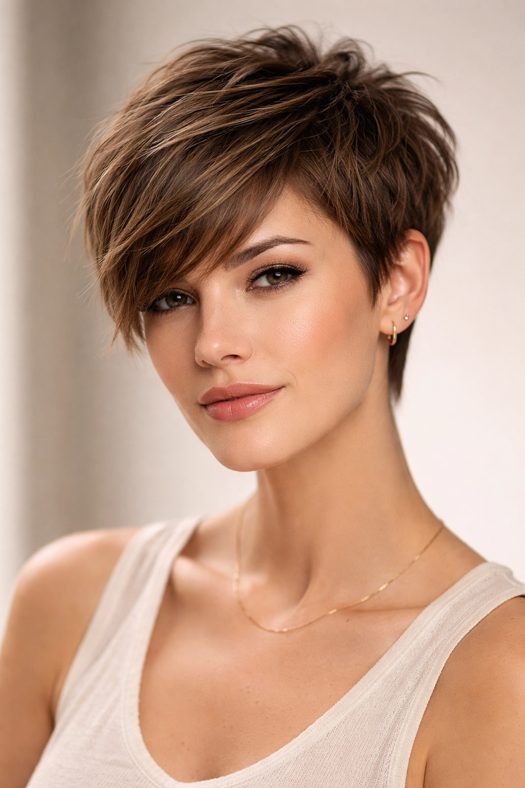 Close-up of a textured pixie cut with side bangs on a model in studio lighting