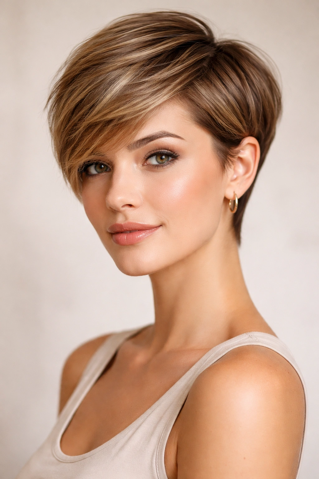 Close-up portrait of a person with a side-swept pixie cut, highlighting cheekbones and a slim neck.