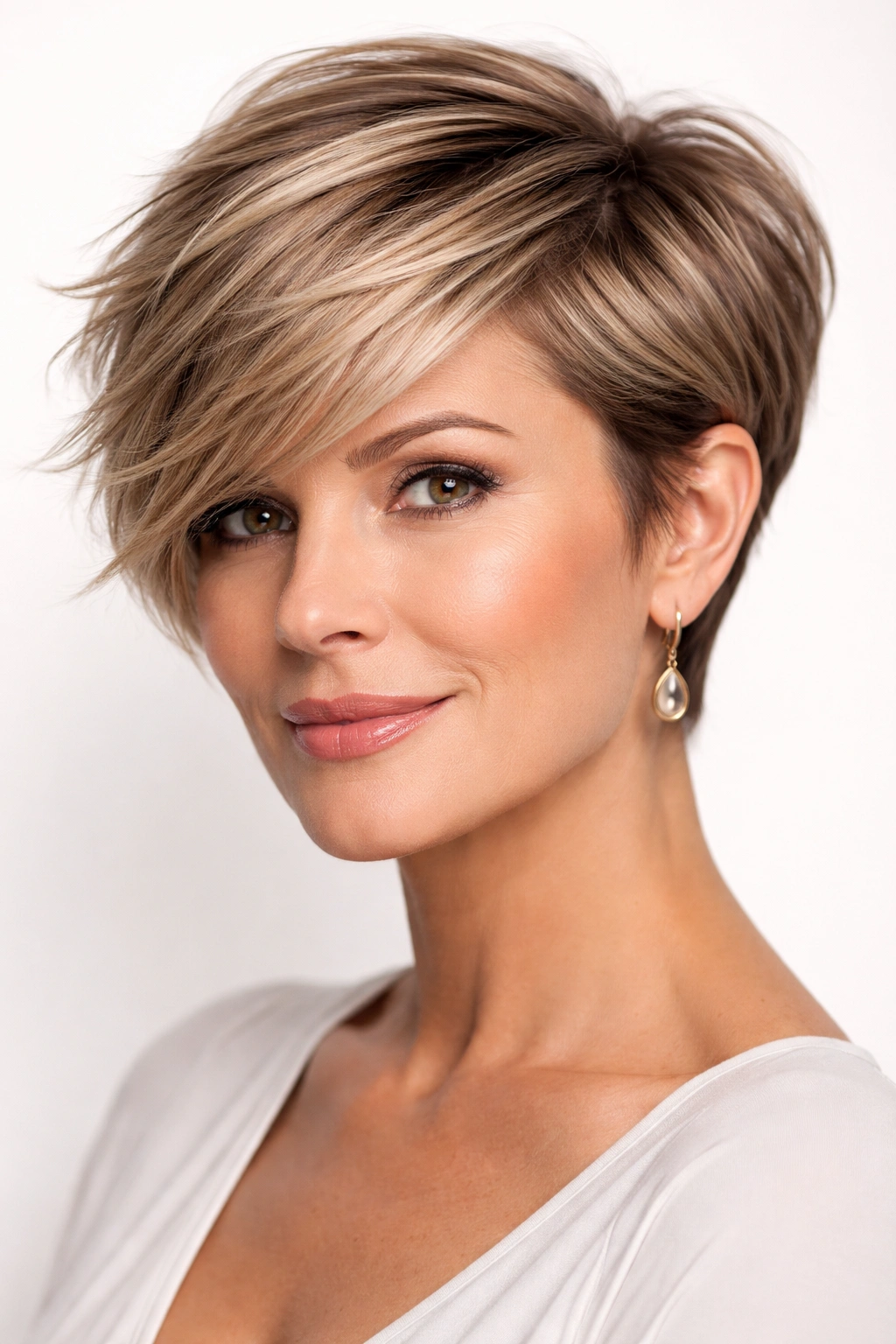 Portrait of a side-swept pixie with a longer top and short sides.