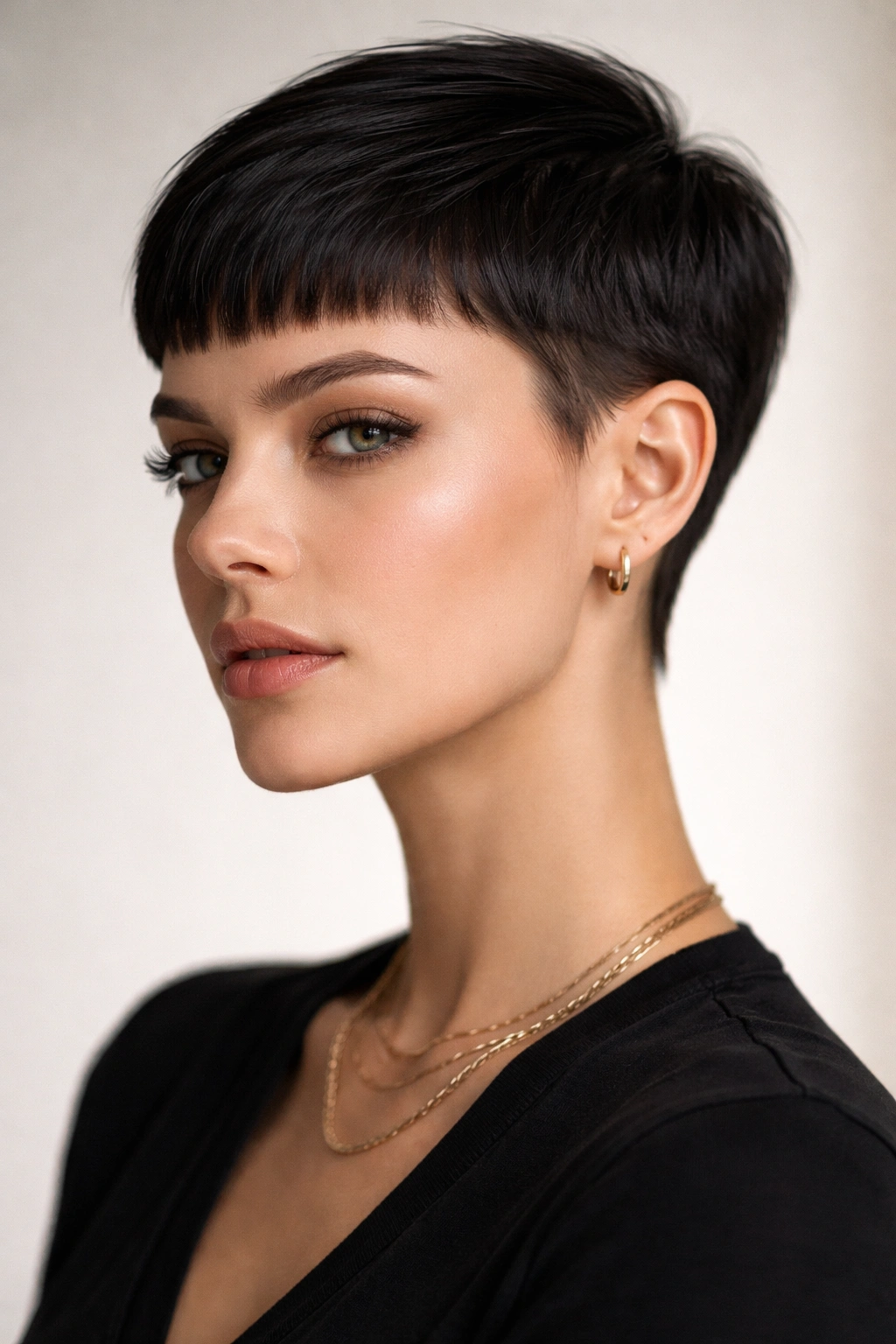 18 Pixie Cuts With Bangs For Any Face Shape 4 Close-up of sleek pixie with microbangs and glossy finish