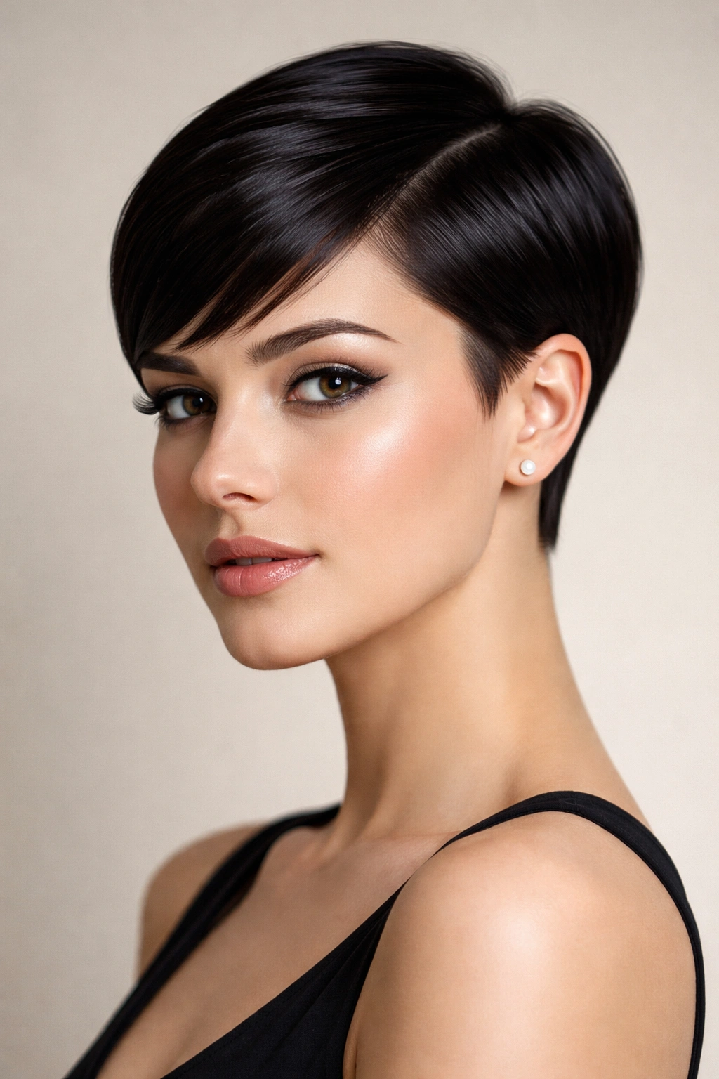15 Pixie Styles Perfectly Suited To Round Faces 7 Close-up portrait of a person with a sleek, polished pixie cut showing smooth taper and high shine