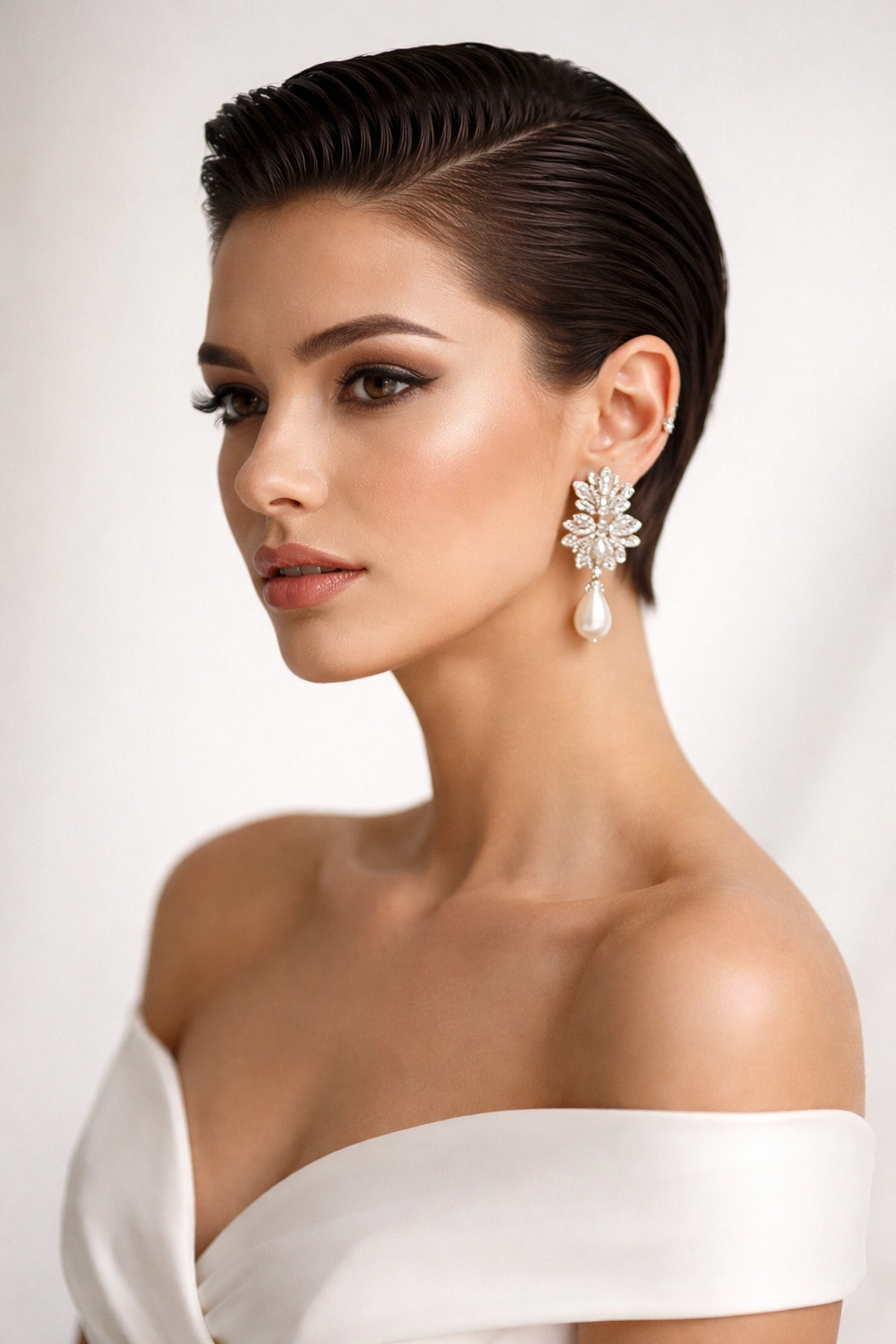 Bride with a slicked-back pixie and bold earrings in studio portrait