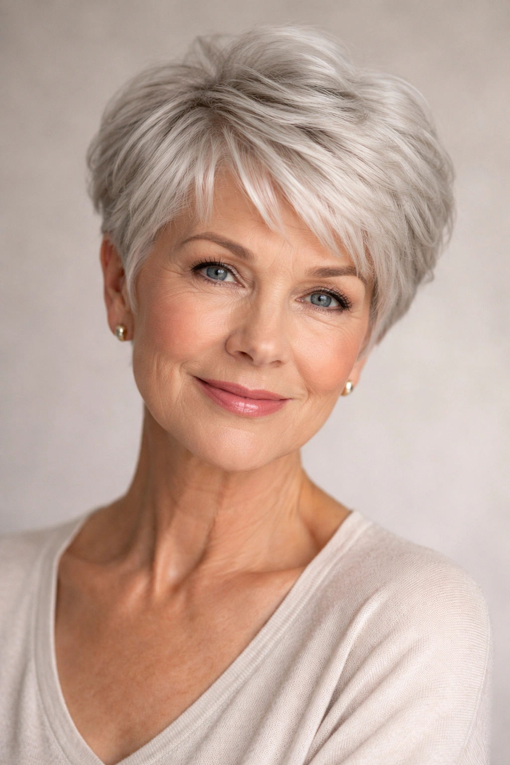 Mature woman with classic pixie cut and soft feathered layers