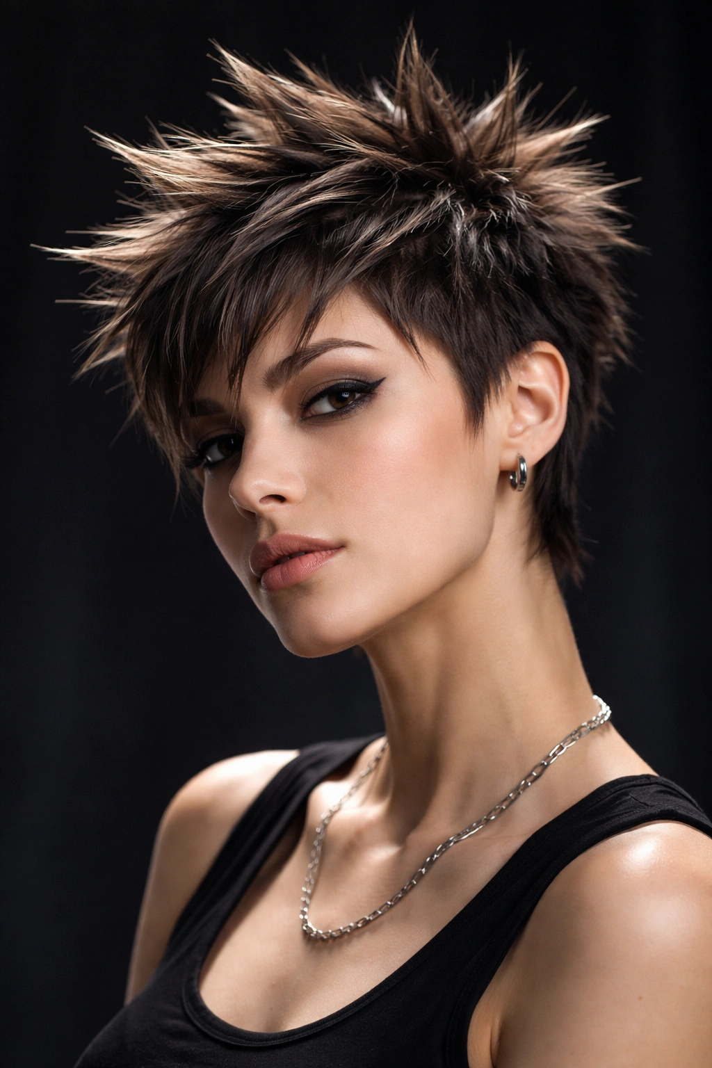 Woman with short pixie cut styled into sharp spikes