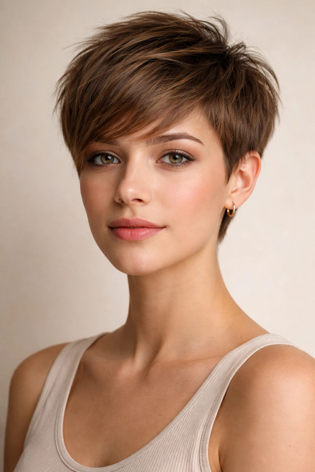 Front view of a short textured pixie cut on straight hair