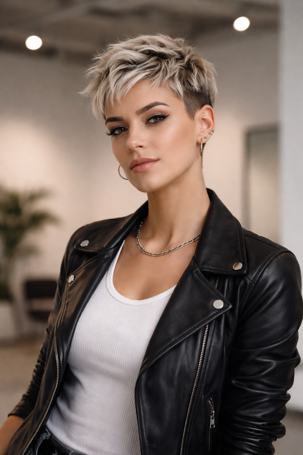 Person with bold pixie cut expressing personality through style.