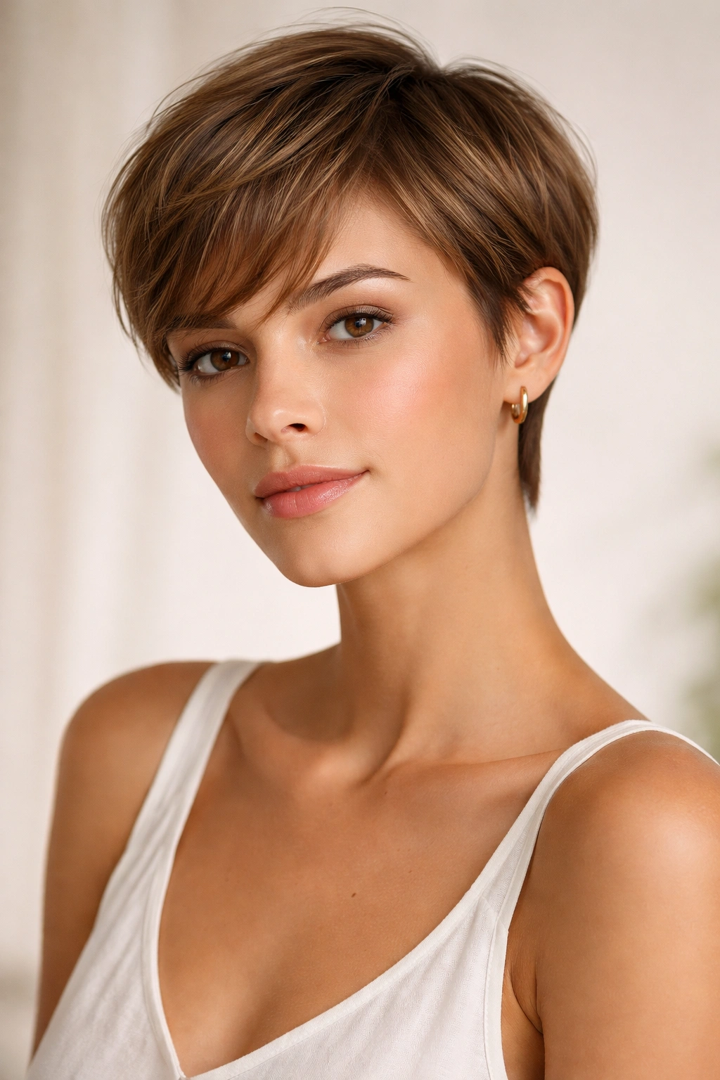 Close-up of The Pixie Cut with close-cropped sides and face-framing length