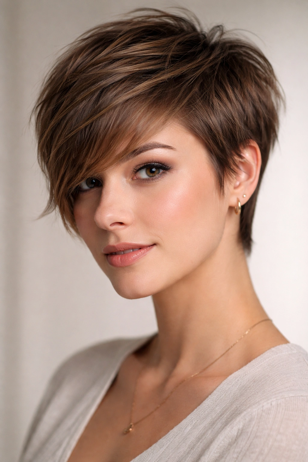 Close-up of a person with a soft layered pixie and sweeping bangs.