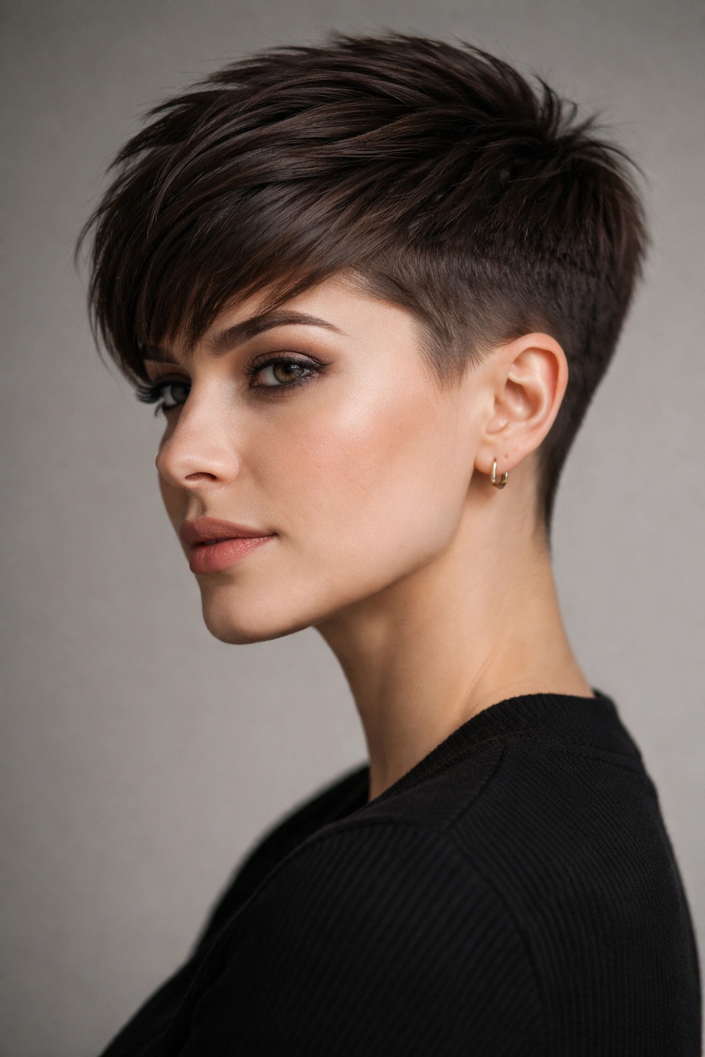 10 Short Taper Haircuts That Look Sharp On Women 1 Close-up portrait of Pixie Cut with Tapered Sides showing a sharp, defined fade and textured top