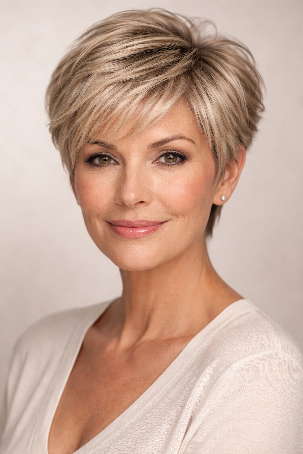Close-up of a 50+ woman with a classic pixie cut showing feathered texture