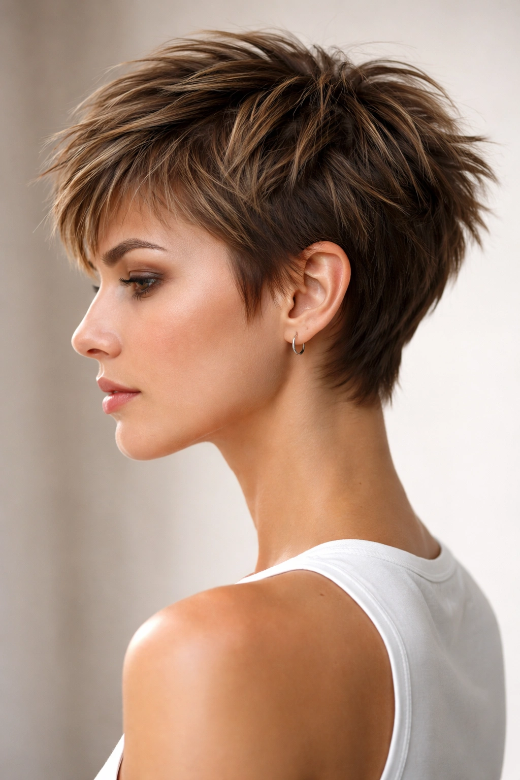 Profile view of a short textured pixie cut with layered, tousled ends.
