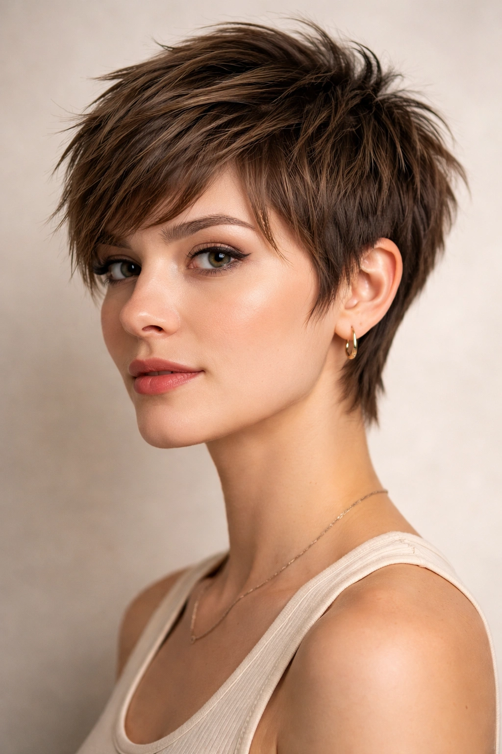 Close-up of a model with The Textured Pixie with Longer Sides showing layered crown and extended side lengths