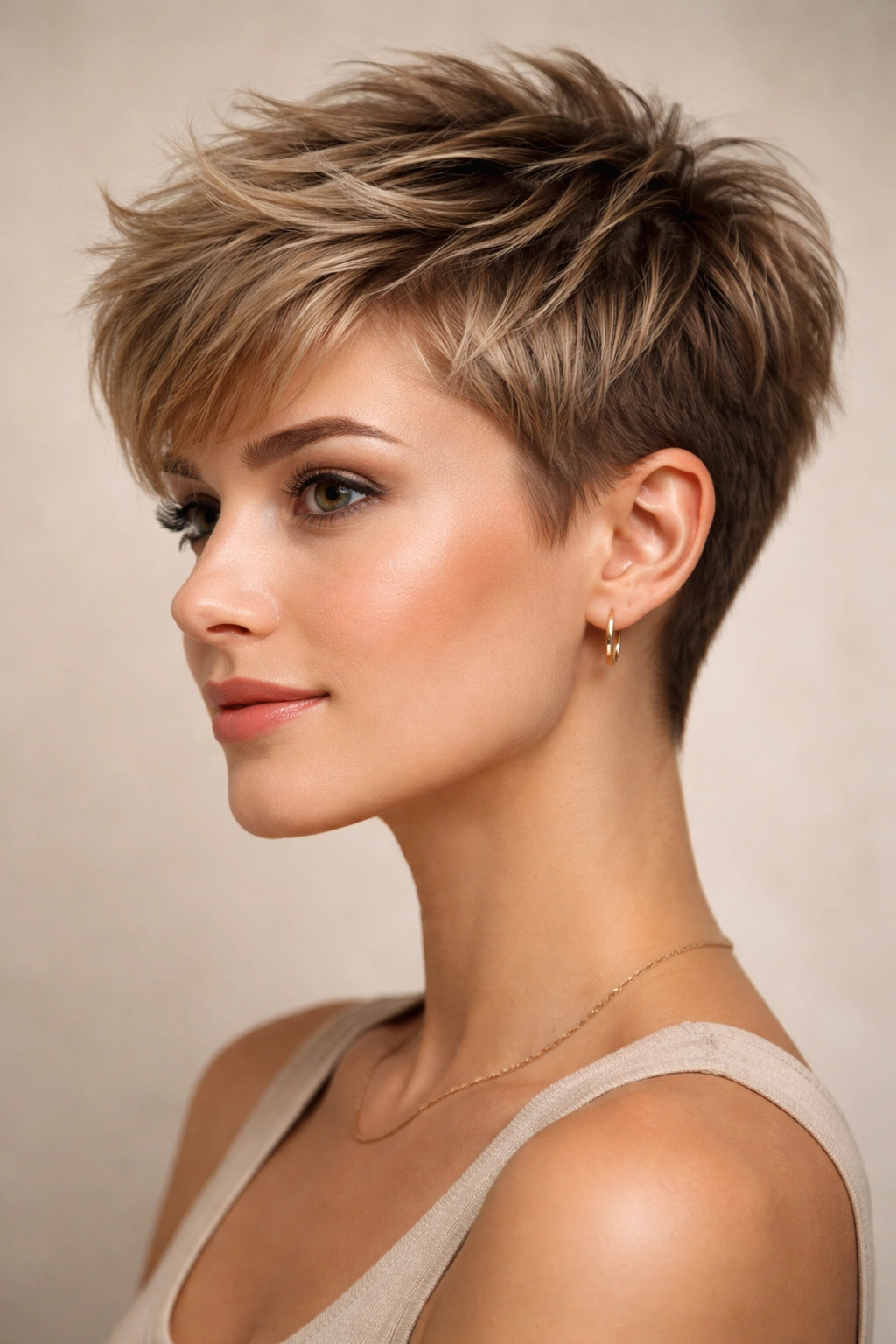 Close-up of textured pixie with longer crown and layered top