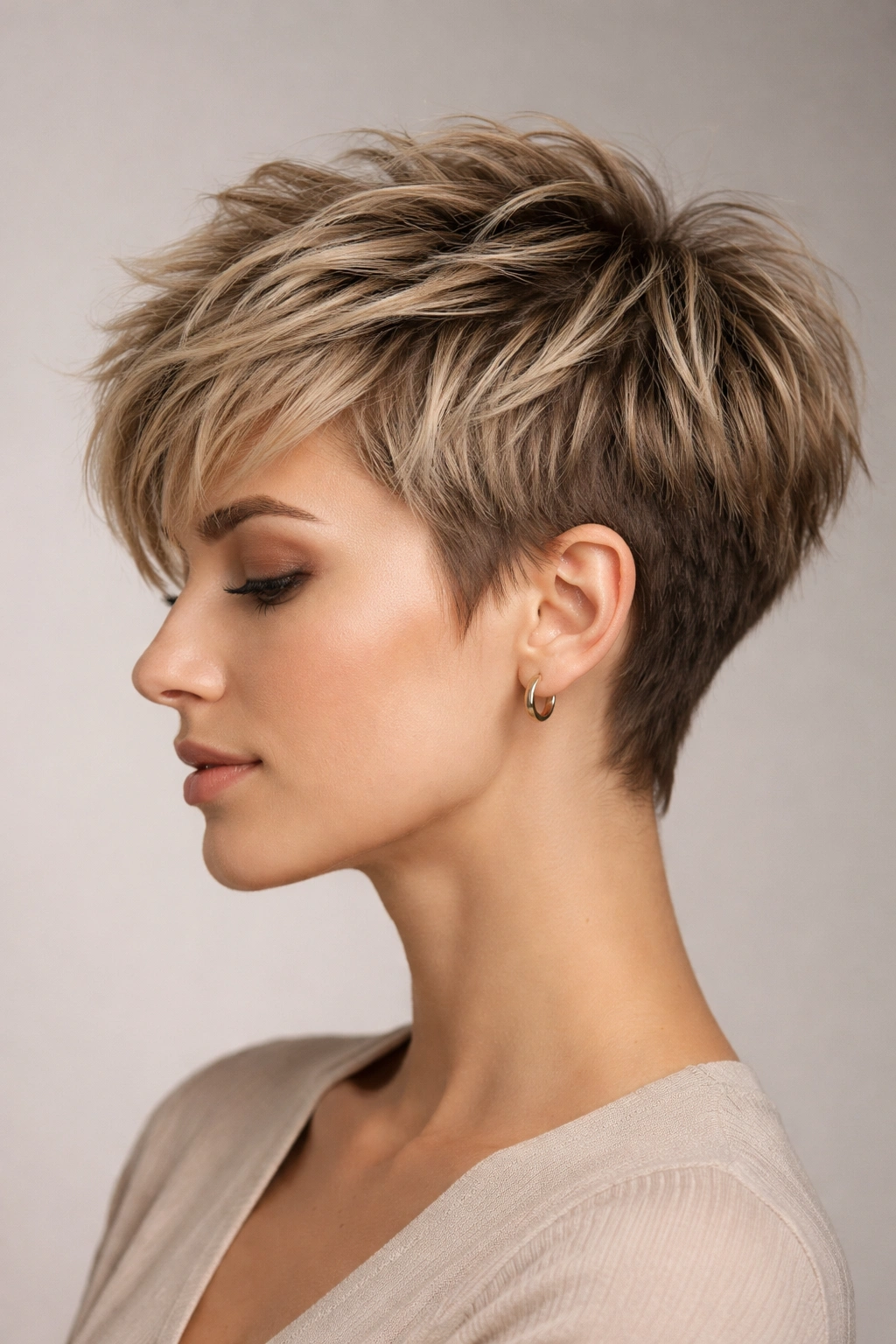 Close-up portrait of a textured pixie cut with choppy layers for volume