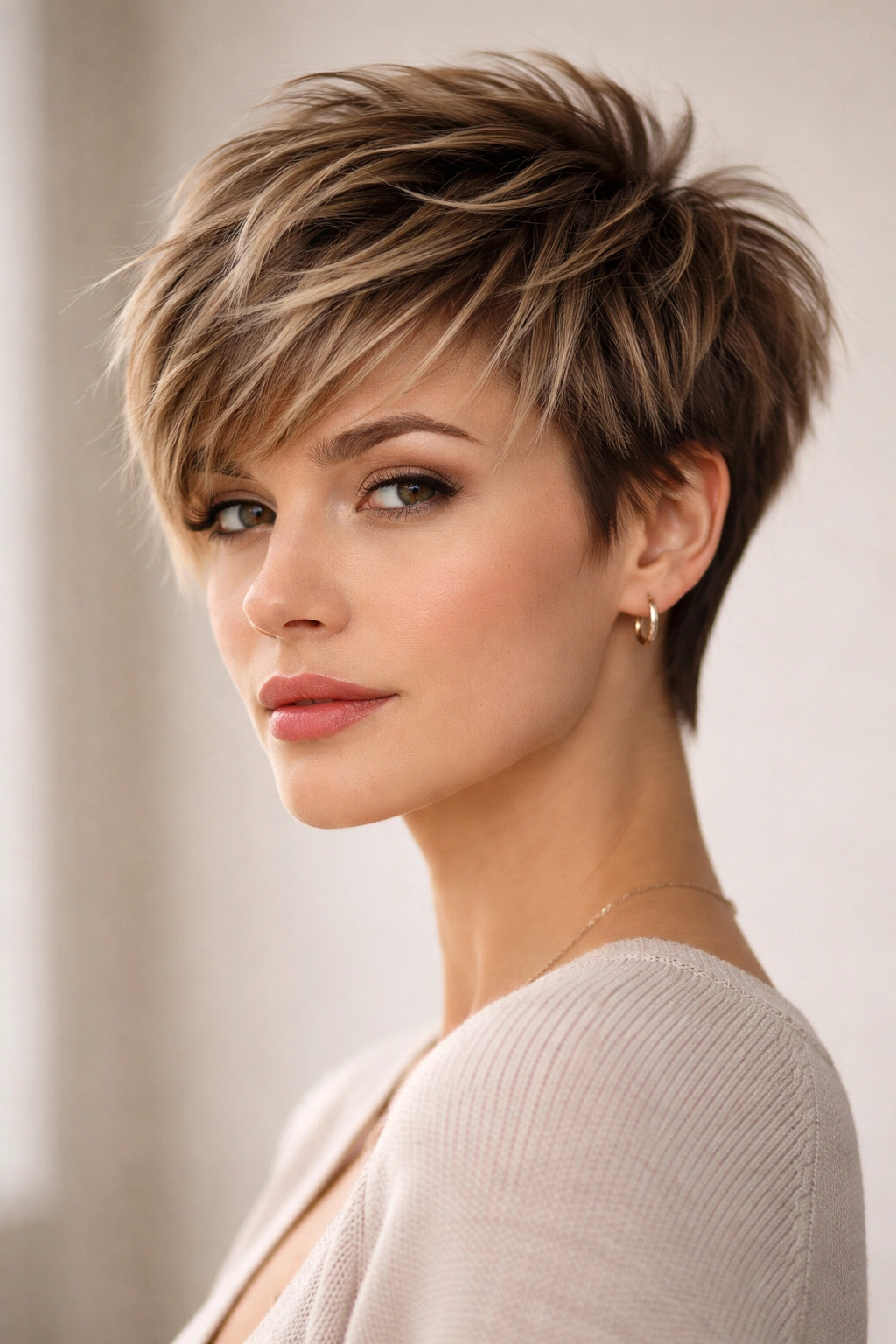 12 Short Choppy Haircuts With Natural Movement 9 Close-up portrait of a pixie cut with deliberate choppy layers