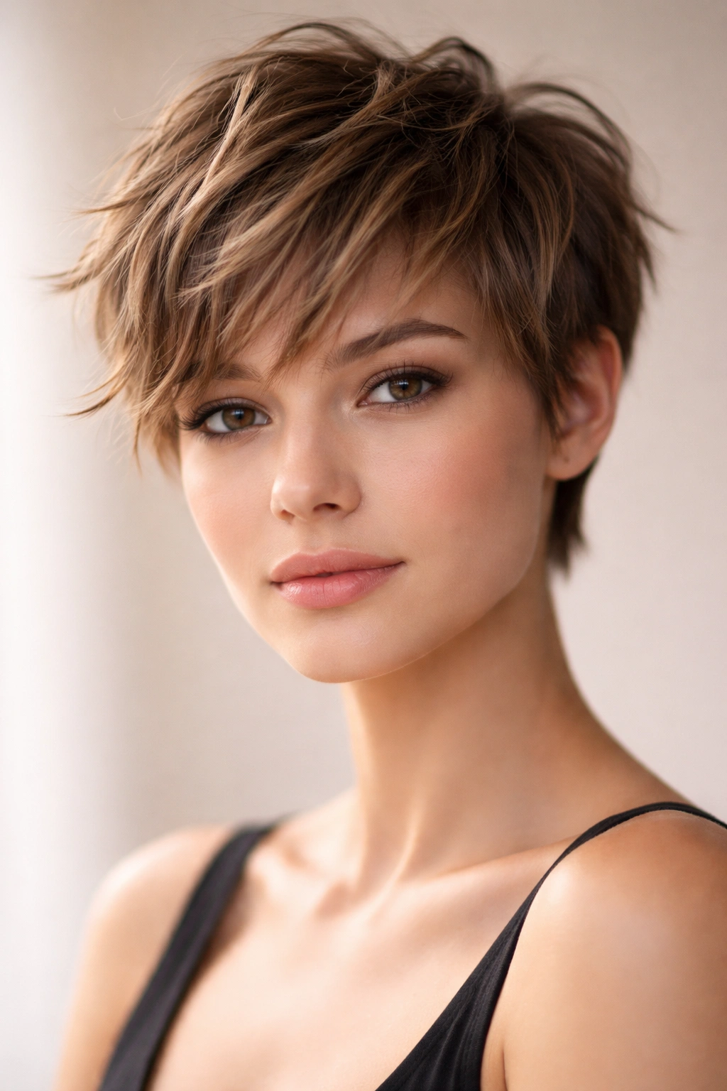 Choppy pixie cut with soft texture and light-catching layers