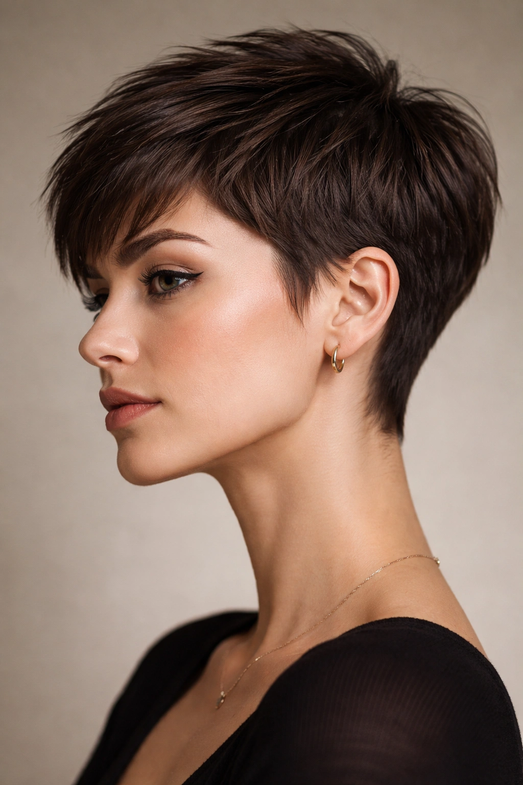 Close-up of a pixie haircut showing sharp jawline and textured crown in studio lighting