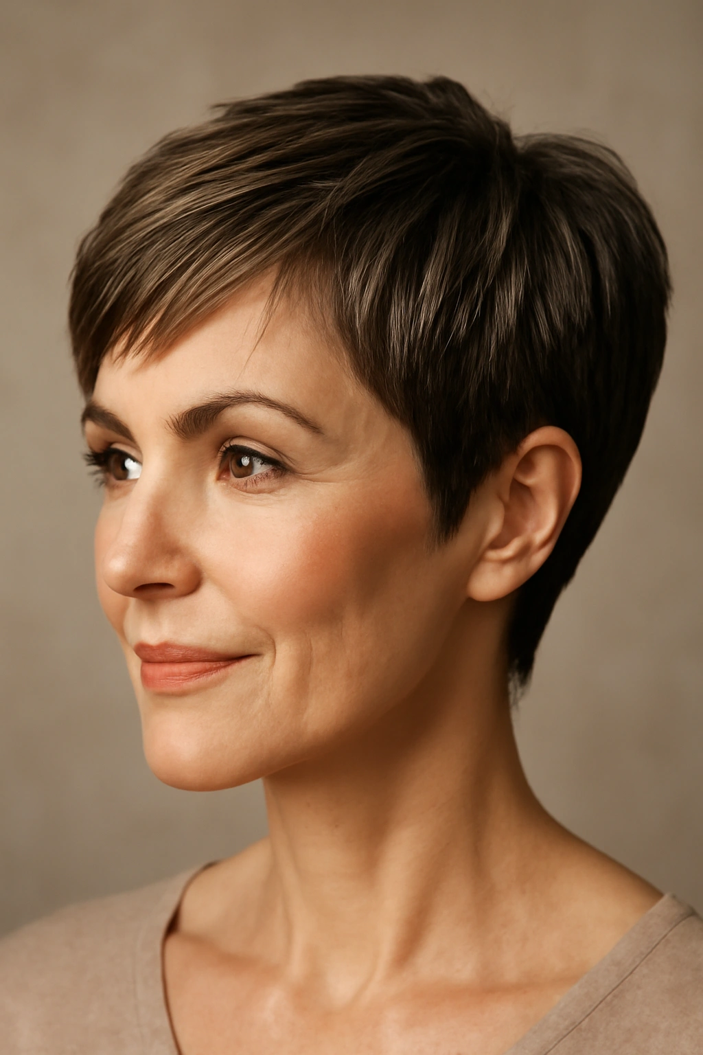 Mother of the Groom? 8 Elegant Short Hair Styles 1 Close-up of Sleek Pixie with Dimensional Texture highlighting layered crown and tapered sides