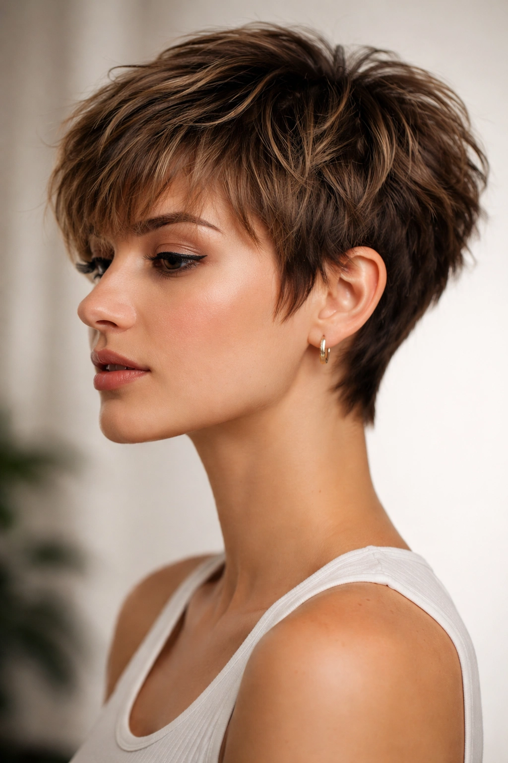 Close-up profile of textured pixie cut with fringe showing choppy layers and movement
