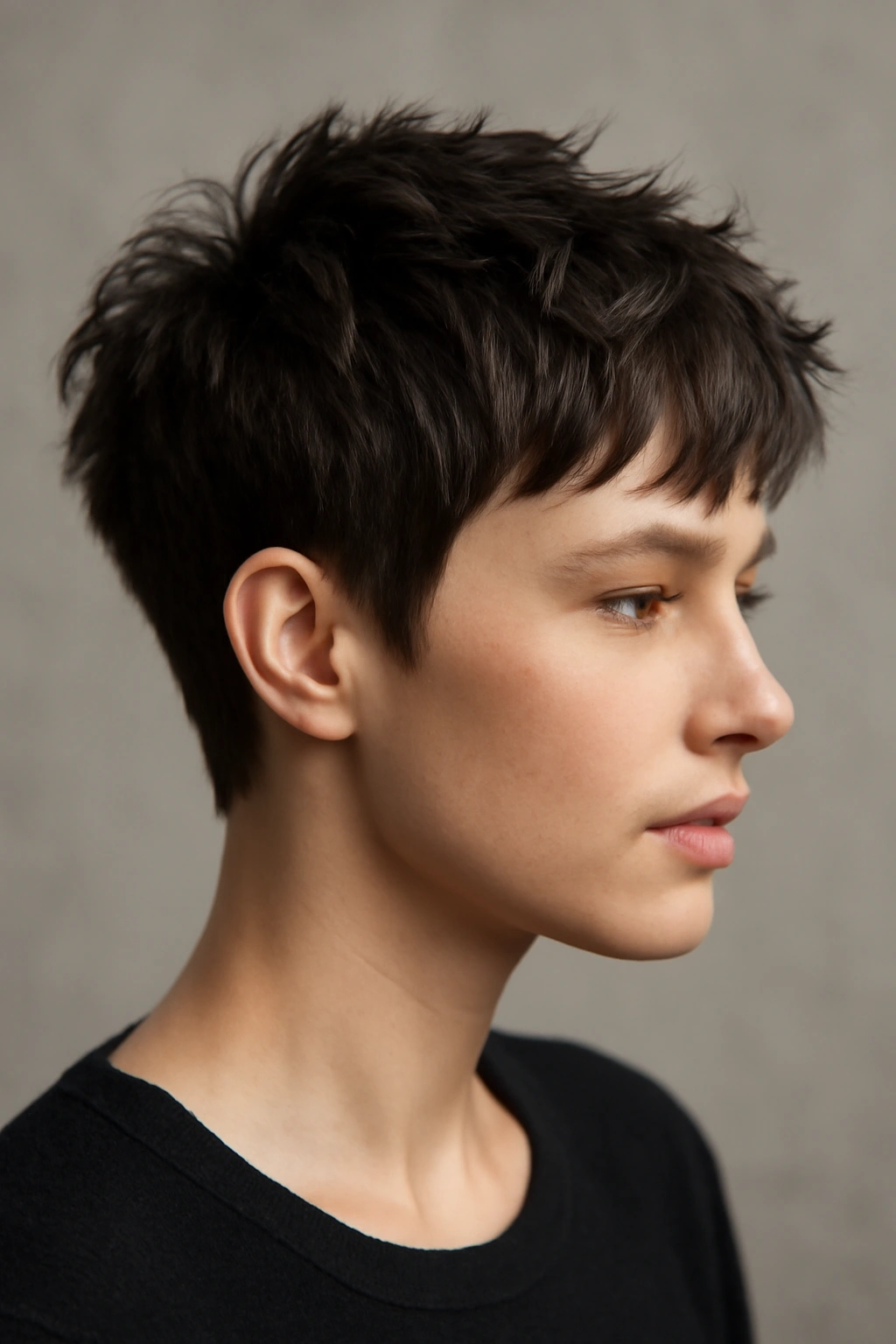Profile view of textured pixie with longer top showing volume