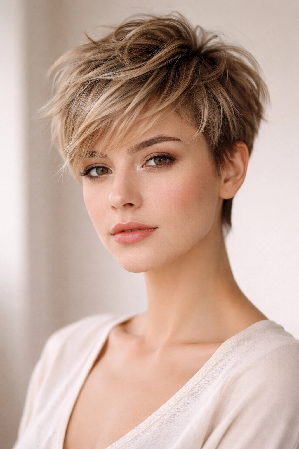 20 Haircuts That Give Fine Hair Instant Fullness 1 Close-up of a textured pixie cut with choppy layers and volume at the crown
