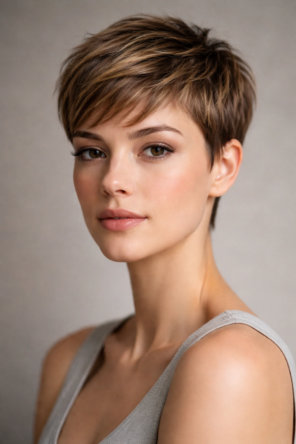 Close-up portrait of a classic pixie cut with defined layers and texture