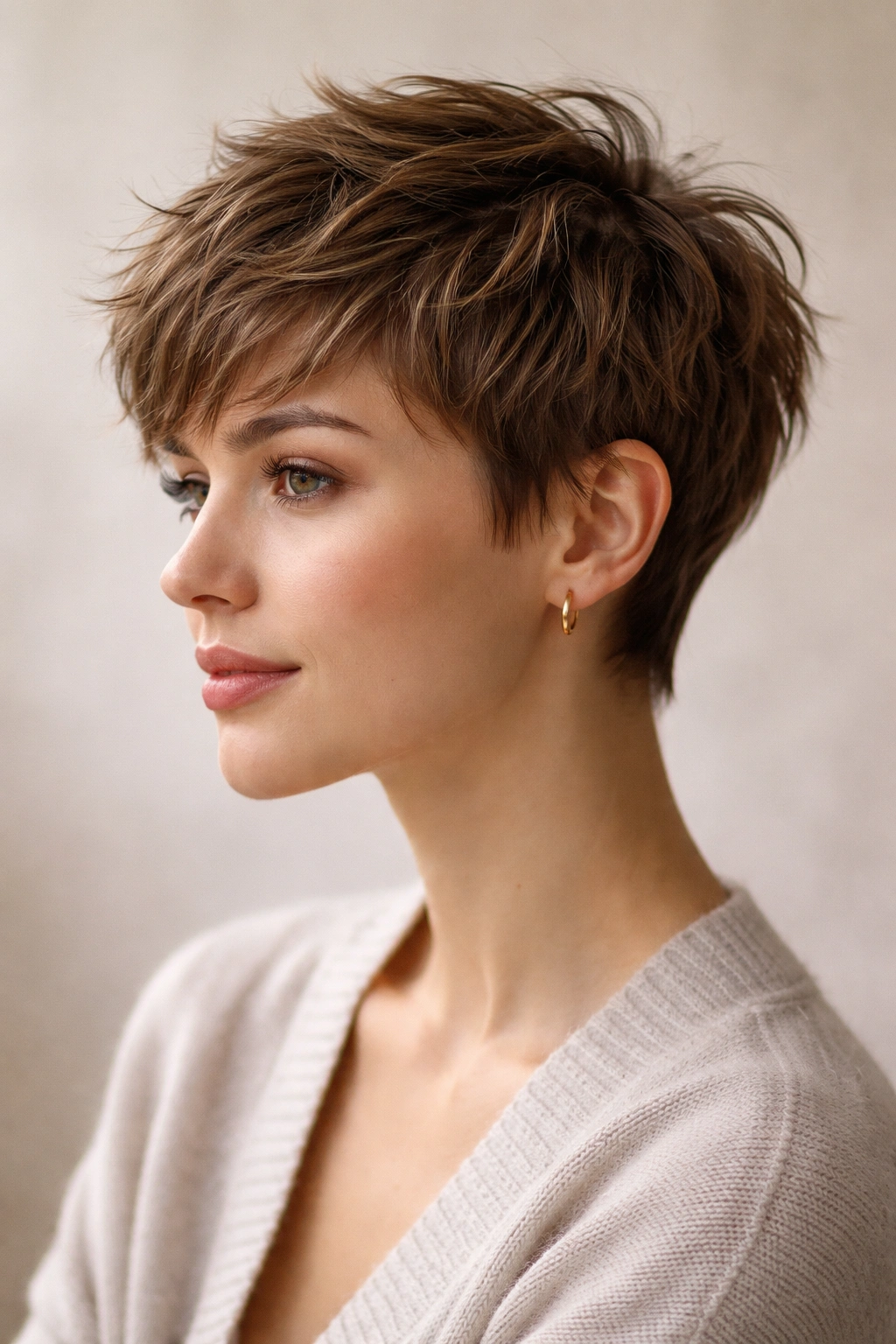 Close-up portrait of a textured pixie cut with choppy layers