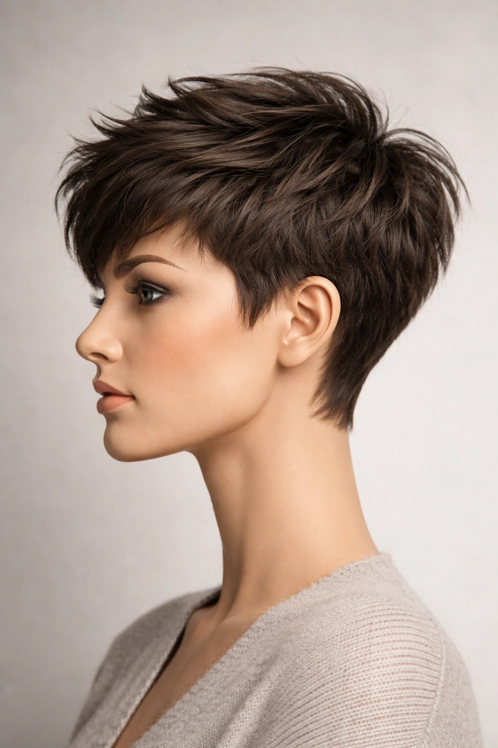 15 Short Haircuts That Balance Out A Longer Face 1 Close-up profile of a mannequin head with a textured pixie cut, showing longer crown and cropped sides for width.