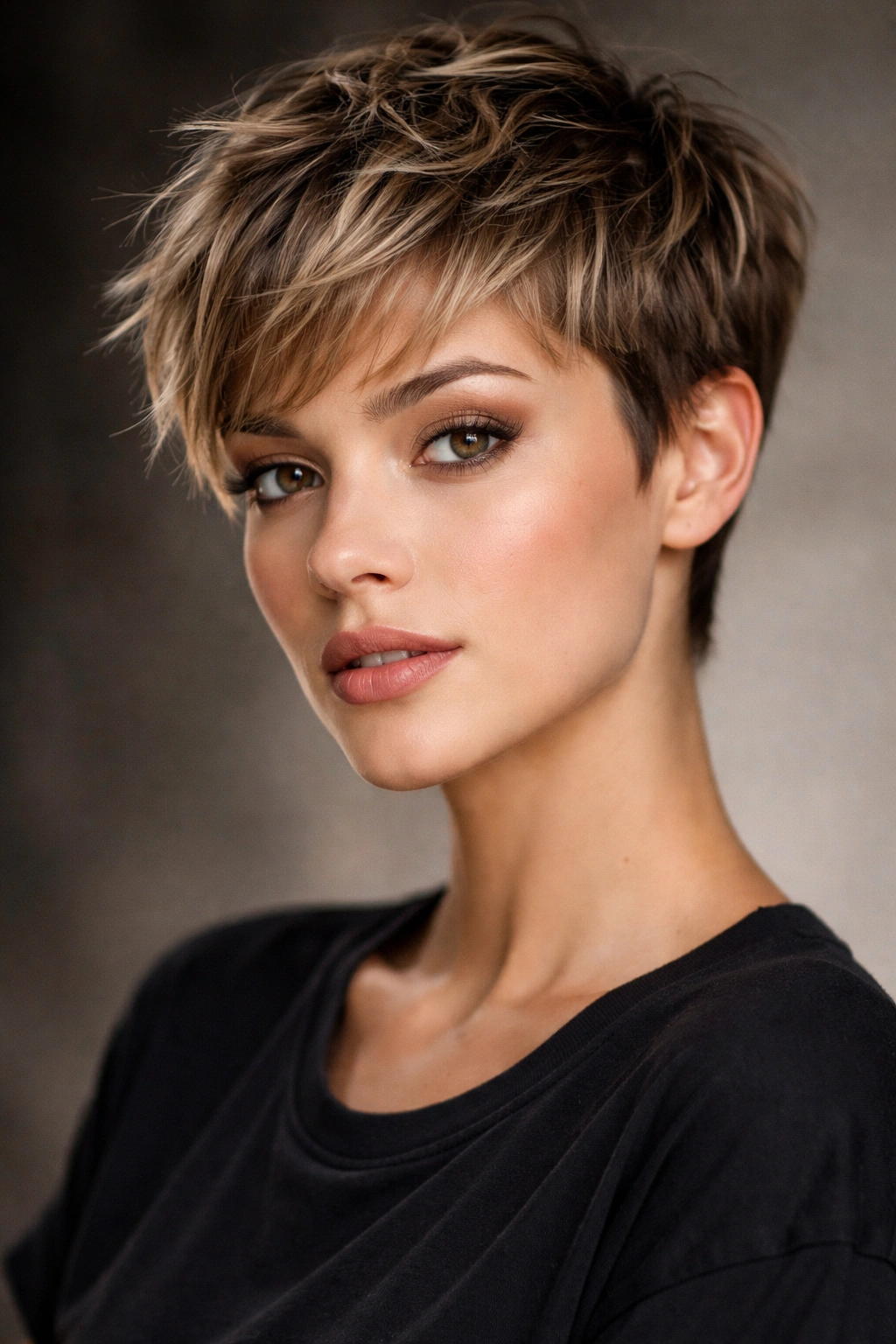 Portrait of a textured pixie cut with choppy top layers