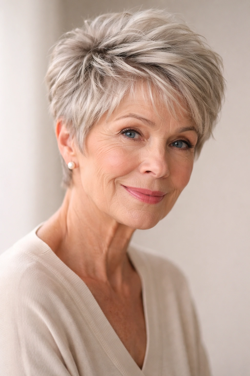 Close-up of a textured pixie cut with layered crown and lifted roots