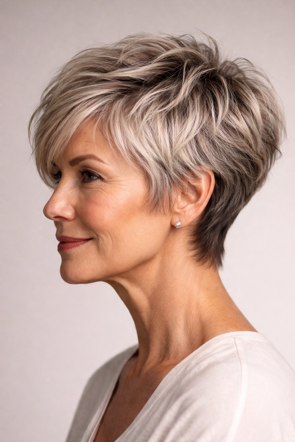 Side-profile view of a textured pixie cut with feathered layers
