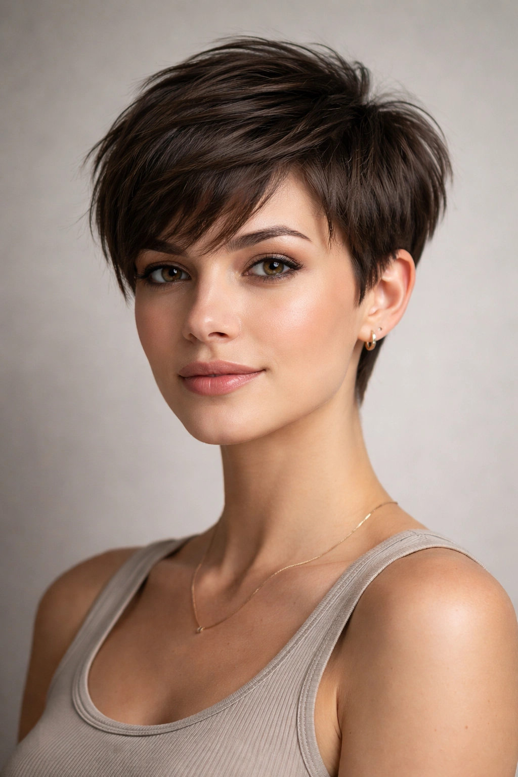 Close-up portrait of a modern pixie cut with layered crown and tapered sides