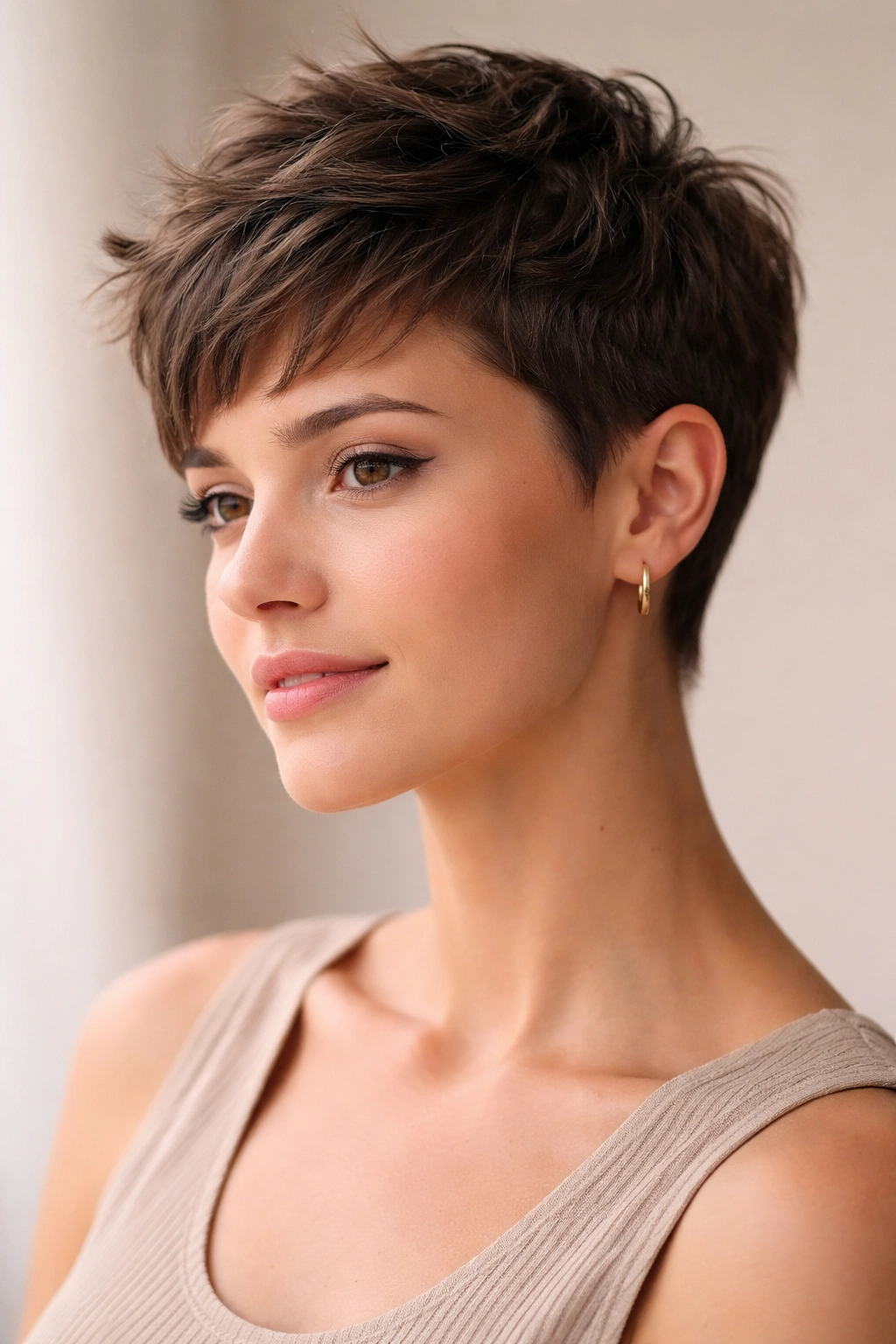 Close-up of a head with a pixie cut showing short sides and longer textured top.
