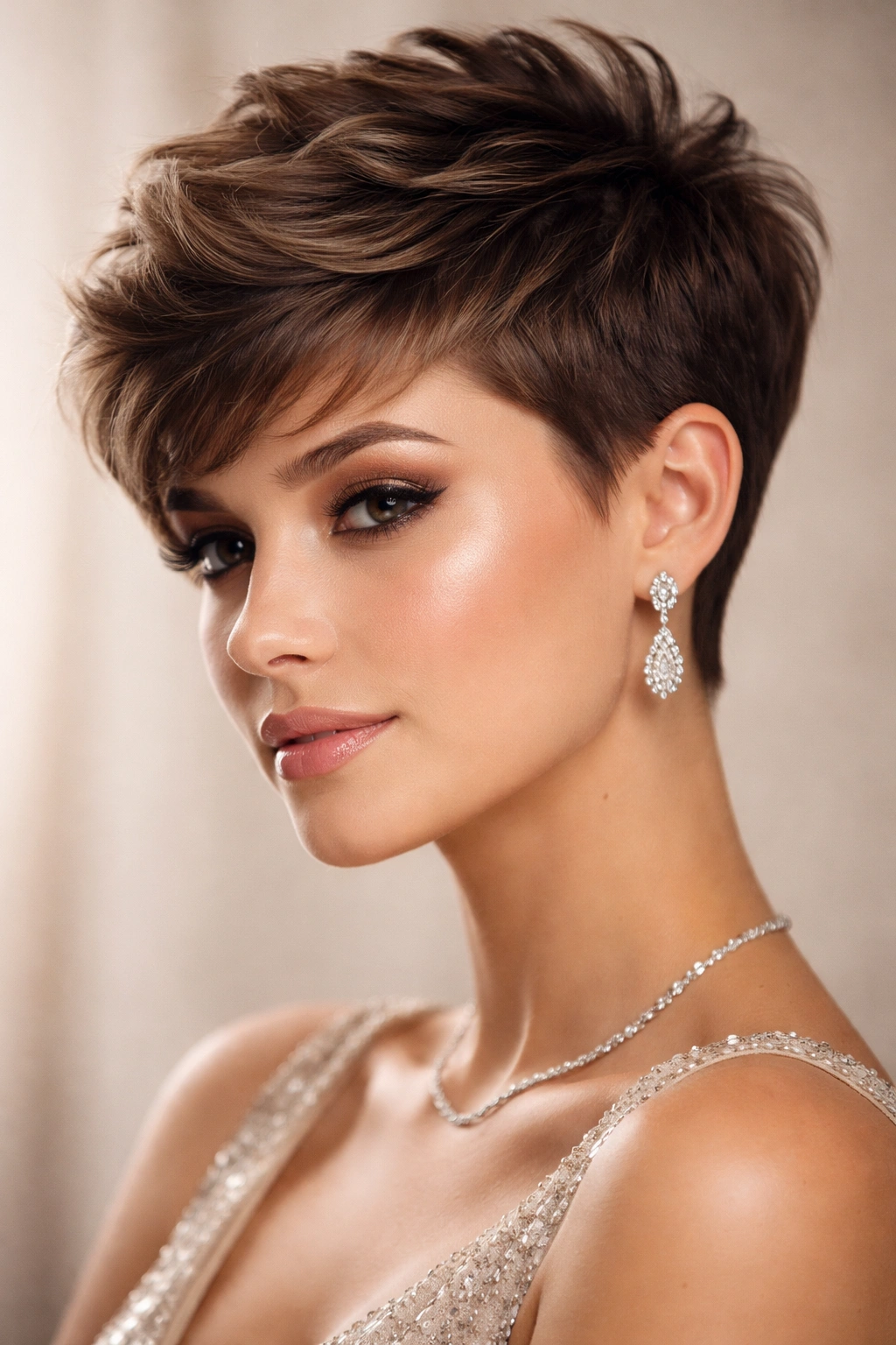 Close-up view of a textured pixie with sleek sides in studio lighting