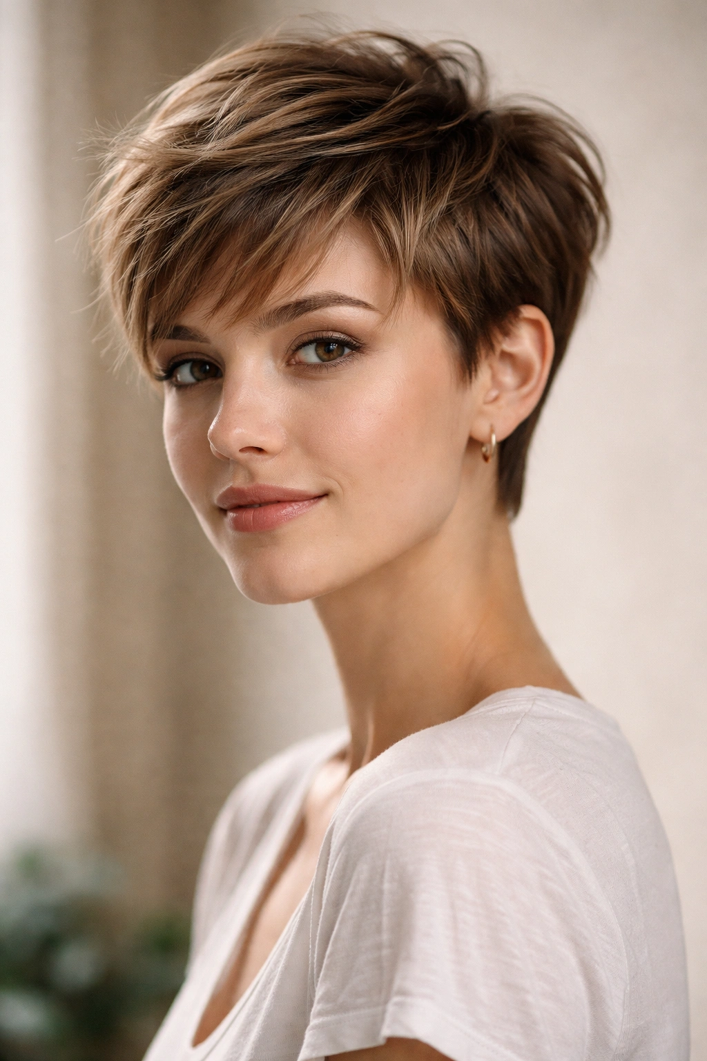 12 Travel Friendly Short Hairstyles That Pack Well 1 Close-up of a modern pixie cut showing textured short sides and longer top with soft studio lighting