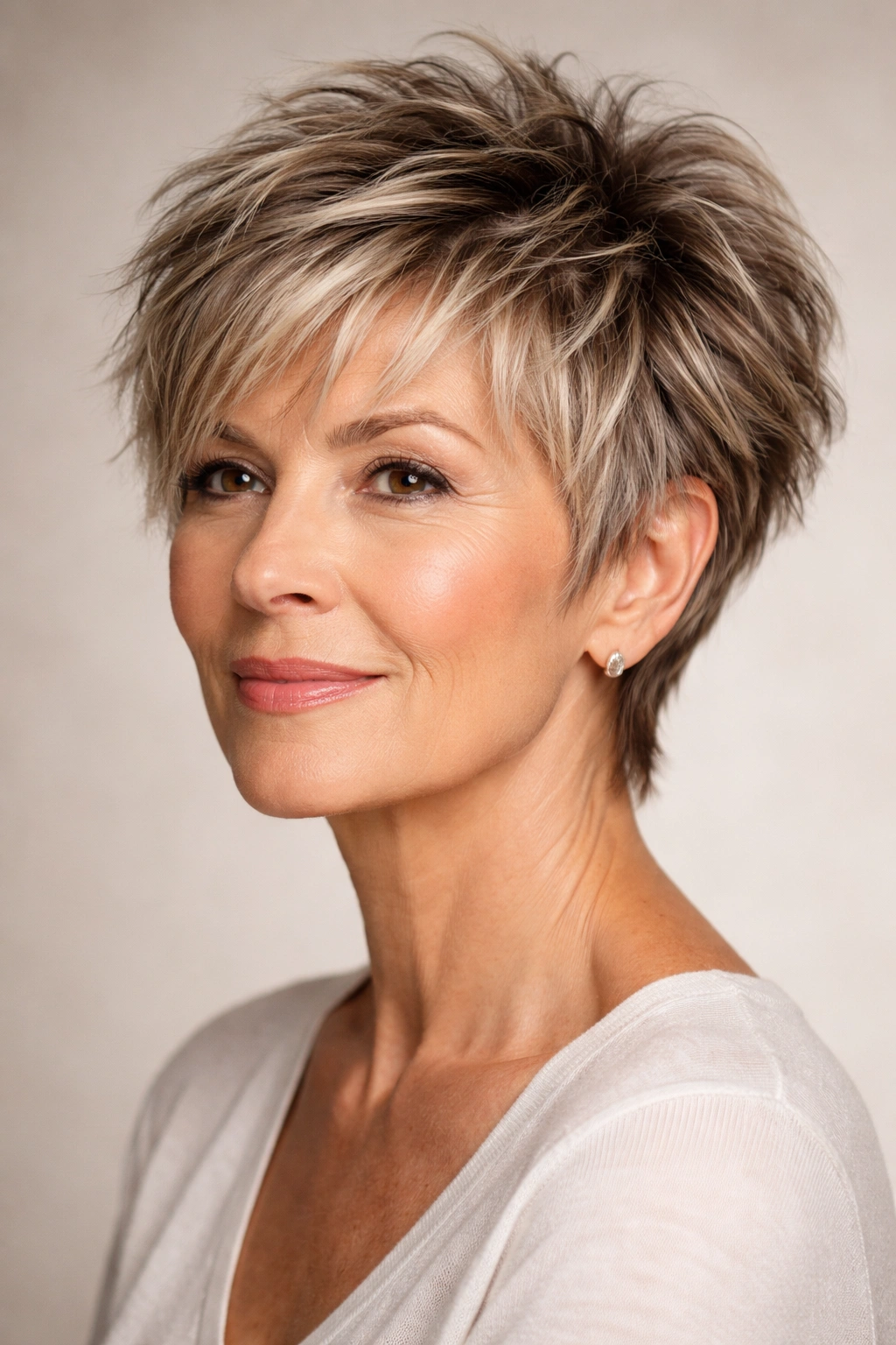 Close-up portrait of a mature woman with a choppy pixie cut showing textured layers and density