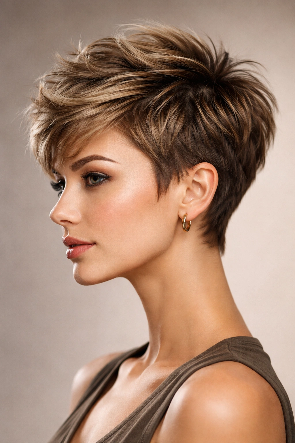 12 Haircuts That Look Amazing On Longer Faces 2 Side profile of a textured pixie cut with crown volume.